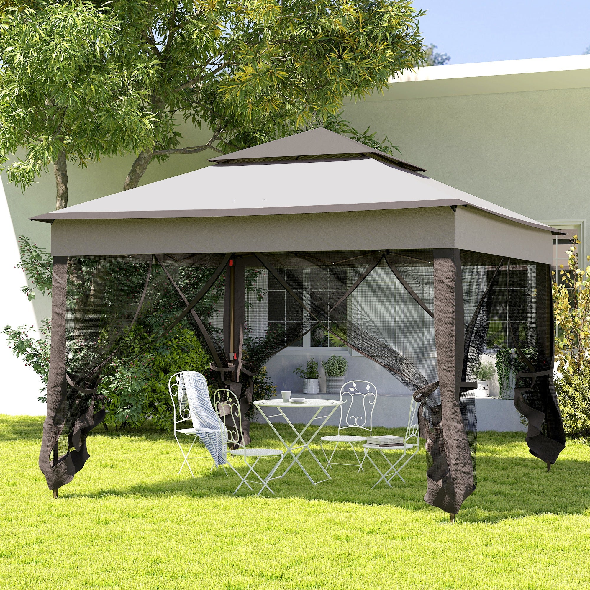 Outsunny Carpa Plegable Gazebo 3,3x3,3 m Cenador Plegable con 4 Paredes Laterales de Malla Anti-UV y Bolsa de Transporte para Camping Fiestas Gris
