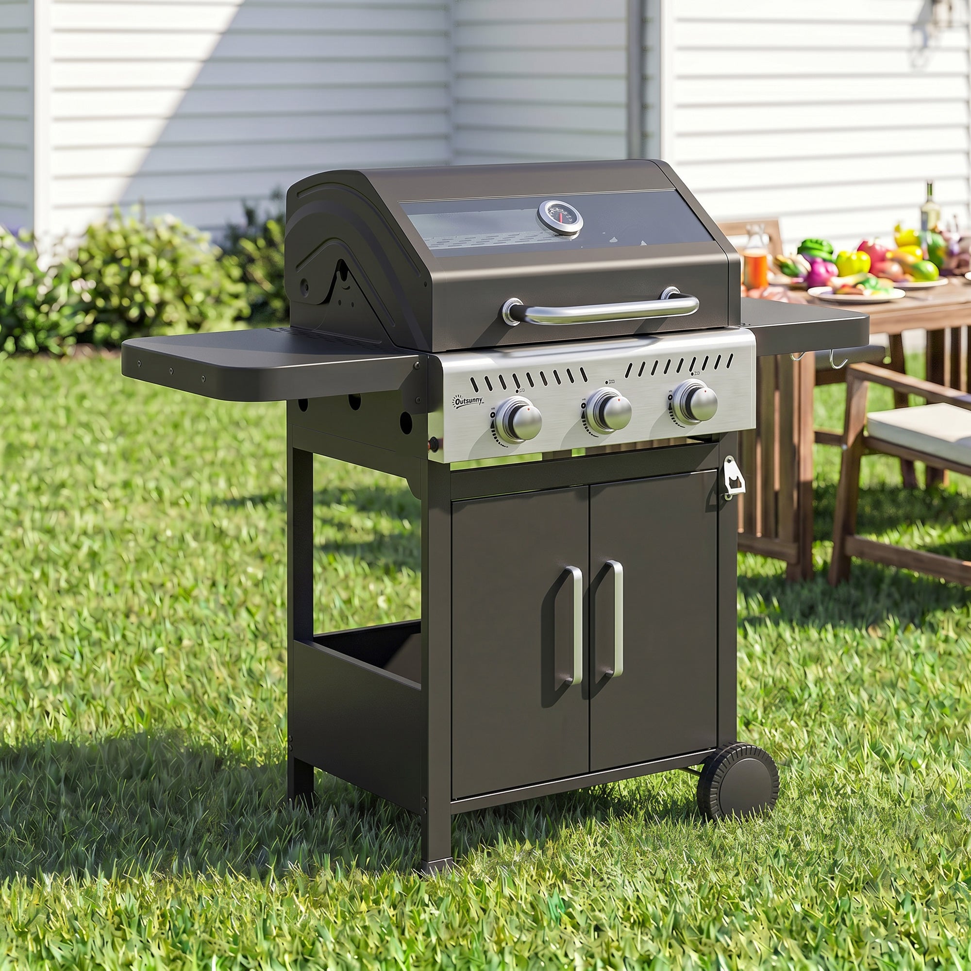 Outsunny Barbacoa de Gas BBQ Gas Portátil con 3 Quemadores 7,5 kW Termómetro Mesas Laterales Plegables Armario Rejilla Calentadora Parrilla Plancha Tapa con Ventana Recogedor y Recipiente Grasa Ruedas