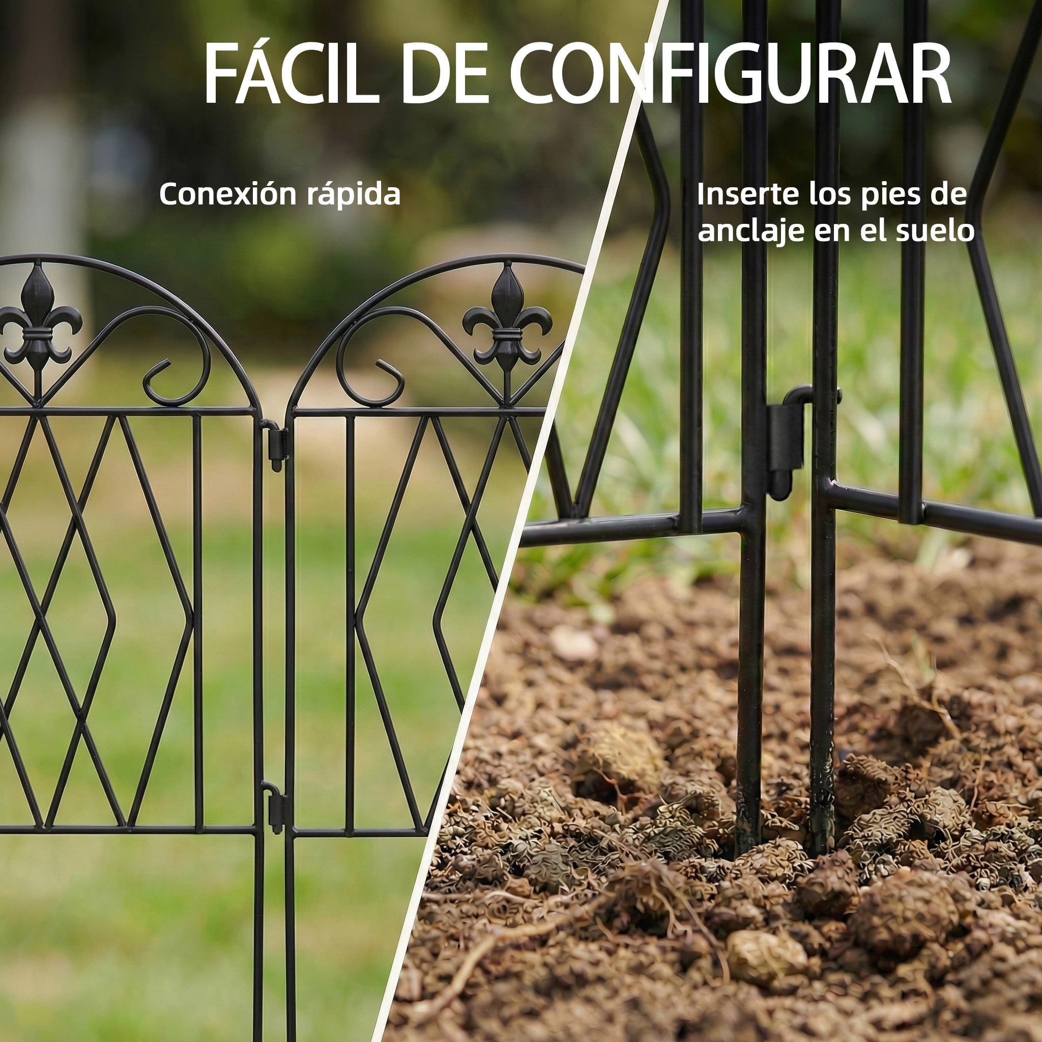Outsunny Set de 4 Vallas de Jardín de Metal, 125x56 cm, Vallas de Jardín Exterior Decorativas con Diseño Arqueado, Resistente y Fácil de Instalar, para Huerto, Patio, Terraza, Césped, Negro