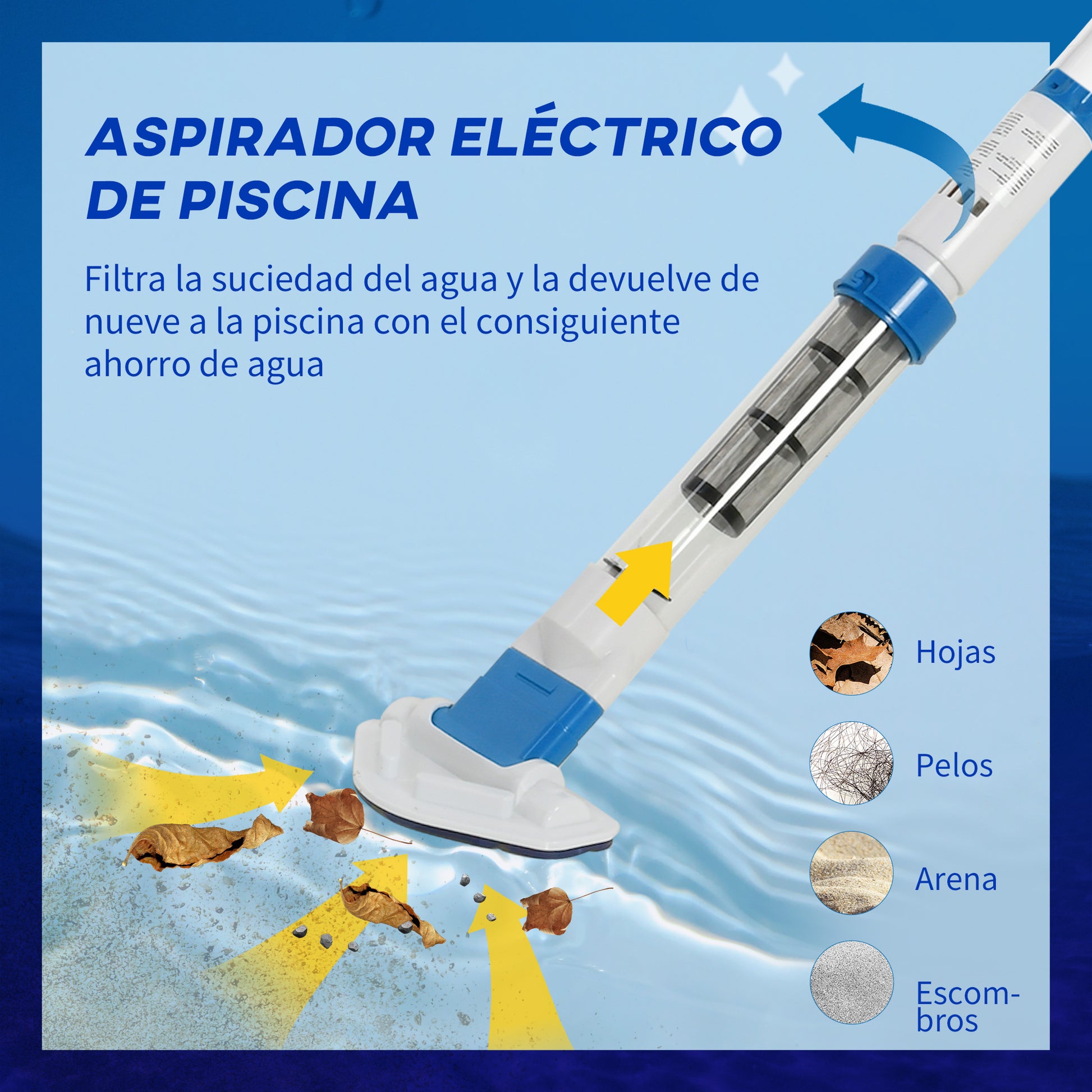 Outsunny Limpiafondos para Piscina Manual Aspirador de Piscina Eléctrico Autonomía 45 Minutos con Poste Telescópico 150-210 cm Cepillo y 2 Ruedas para Estanques 210x17x7 cm Plata