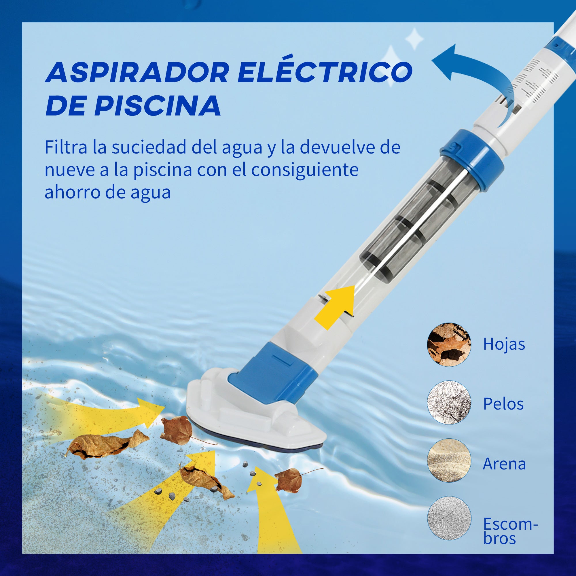 Outsunny Limpiafondos para Piscina Manual Aspirador de Piscina Eléctrico Autonomía 45 Minutos con Poste Telescópico 150-210 cm Cepillo y 2 Ruedas para Estanques 210x17x7 cm Plata