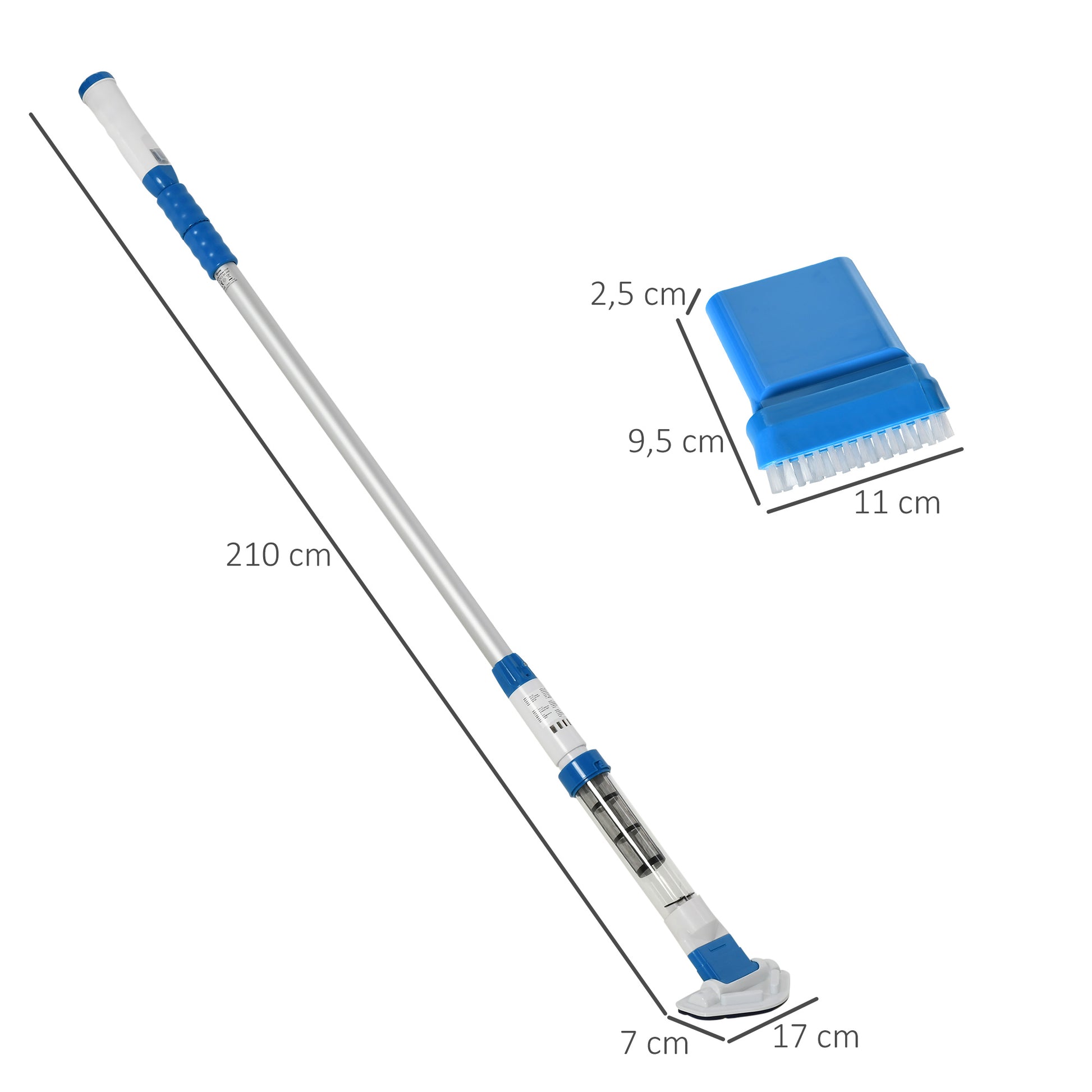 Outsunny Limpiafondos para Piscina Manual Aspirador de Piscina Eléctrico Autonomía 45 Minutos con Poste Telescópico 150-210 cm Cepillo y 2 Ruedas para Estanques 210x17x7 cm Plata