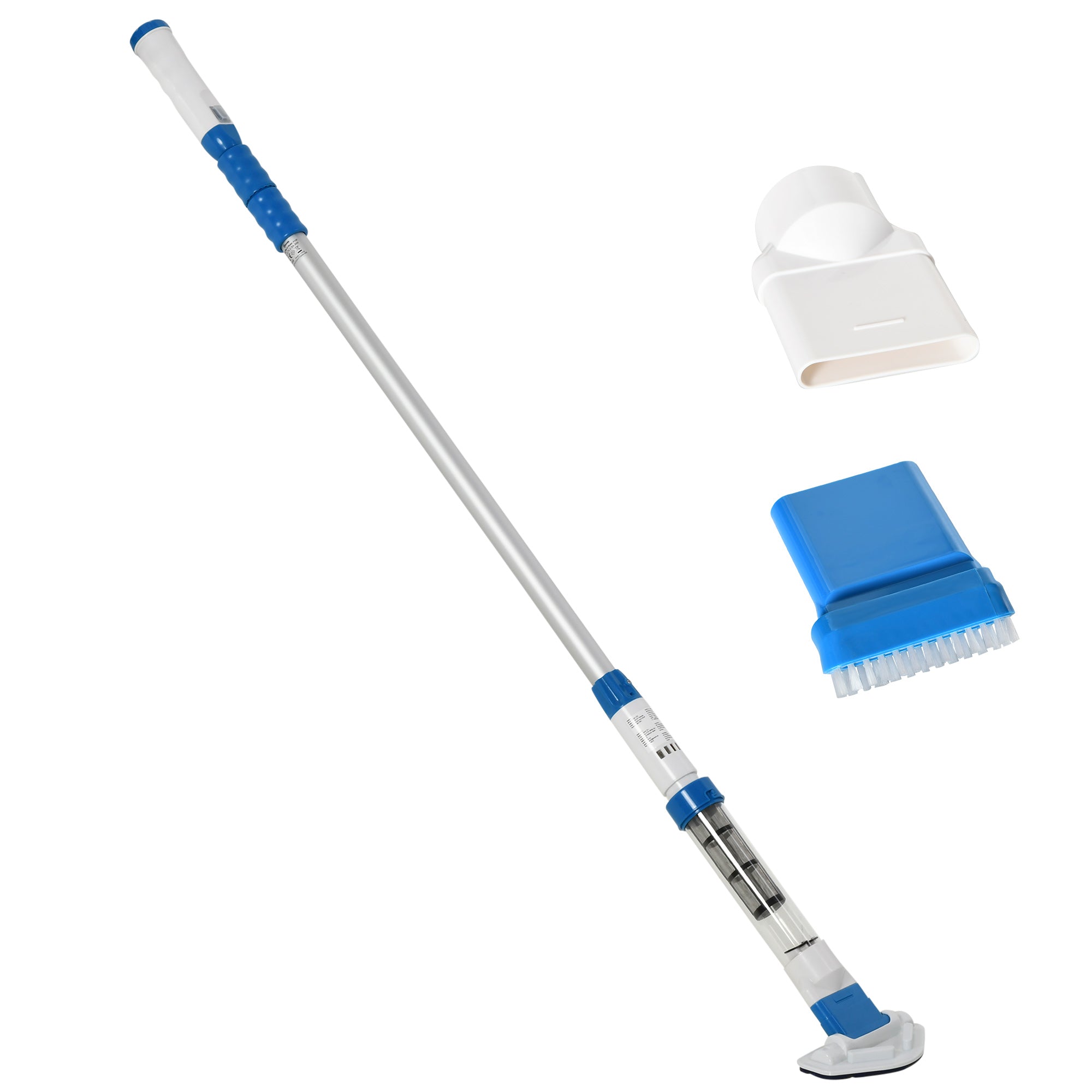 Outsunny Limpiafondos para Piscina Manual Aspirador de Piscina Eléctrico Autonomía 45 Minutos con Poste Telescópico 150-210 cm Cepillo y 2 Ruedas para Estanques 210x17x7 cm Plata