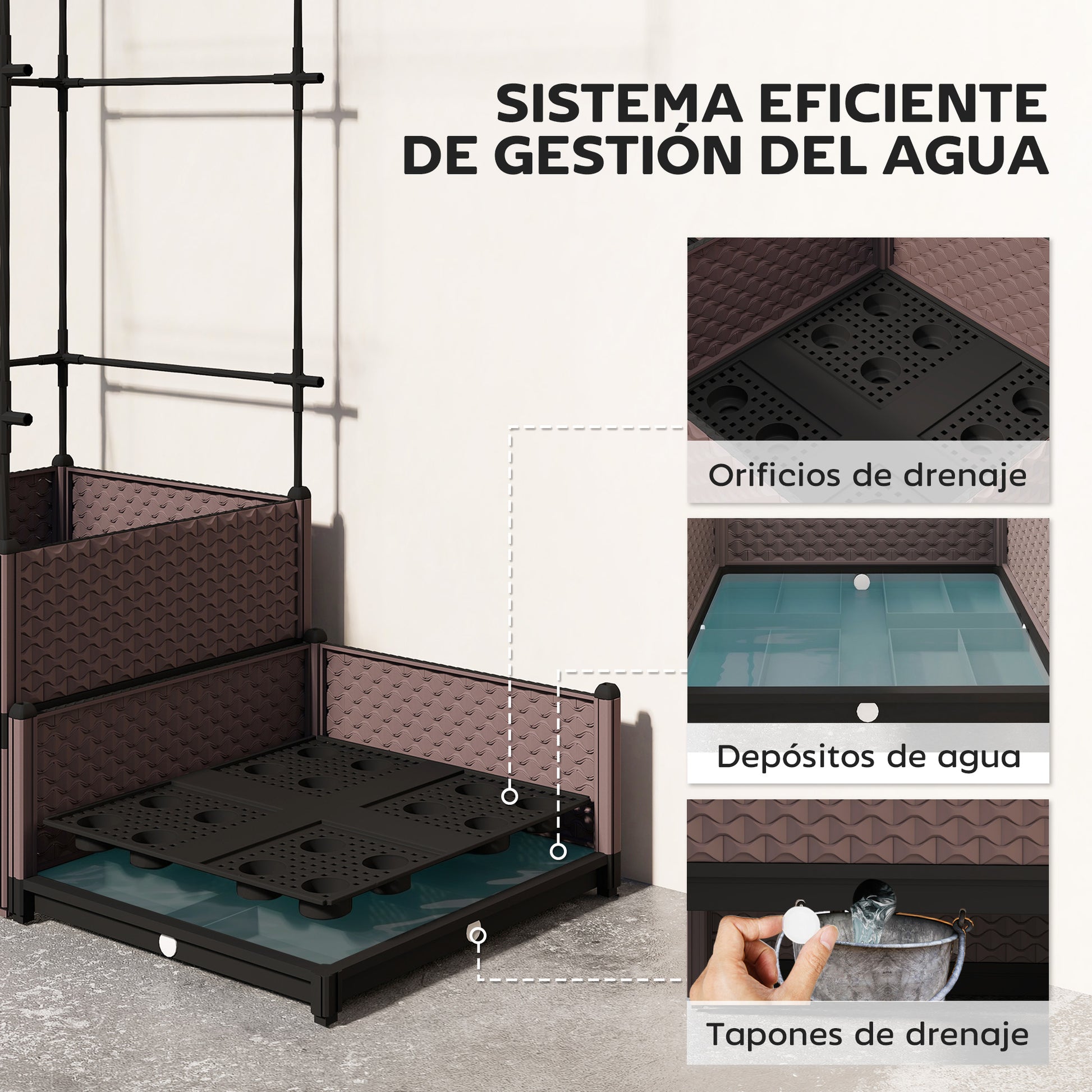 Outsunny Jardinera con Enrejado Metálico, Jardinera Exterior Grande para Plantas Trepadoras, 2 Macetas de PP con Orificios de Drenaje, Tapones, Macetero Elevado para Jardín Patio, 100x50x174 cm, Negro