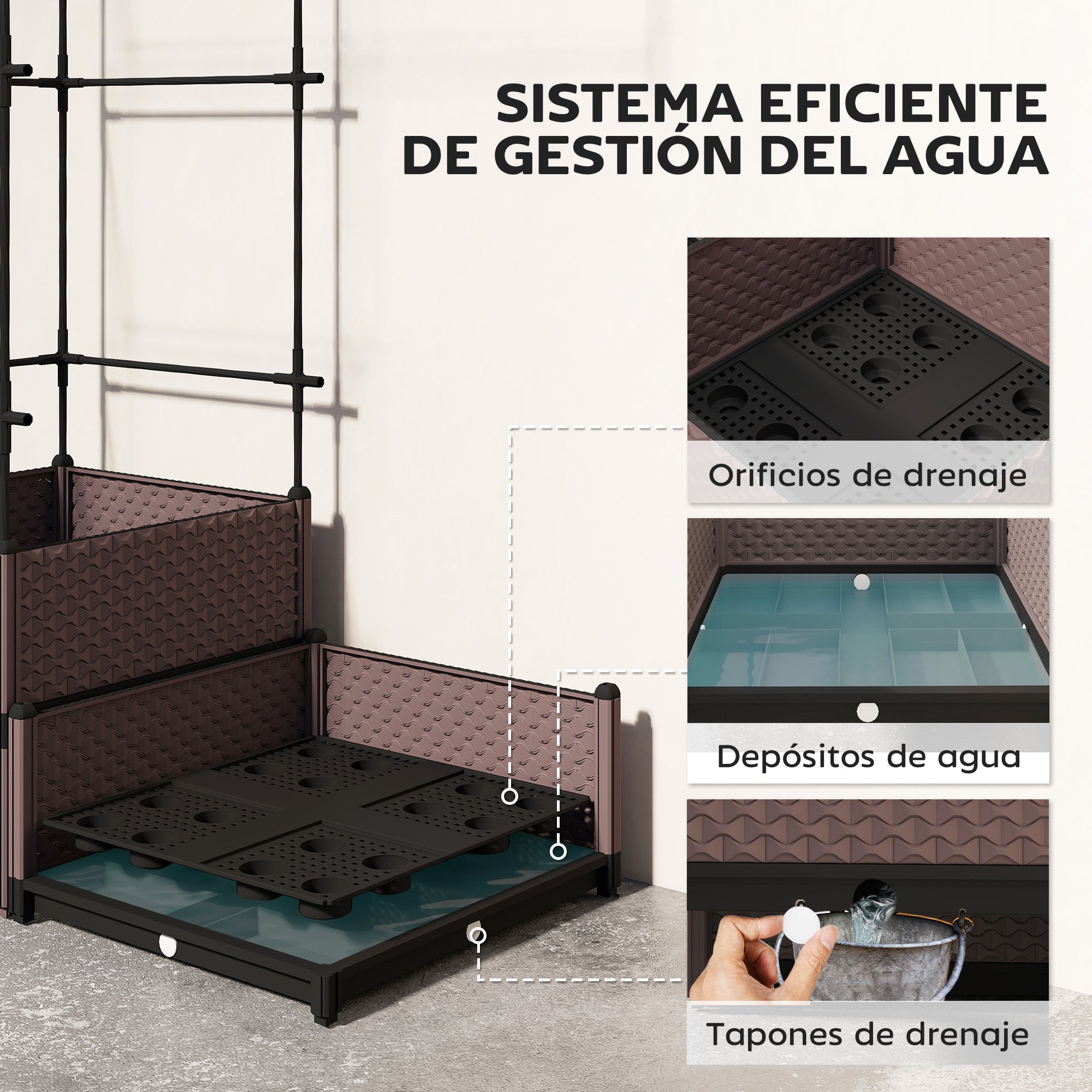 Outsunny Jardinera con Enrejado Metálico, Jardinera Exterior Grande para Plantas Trepadoras, 2 Macetas de PP con Orificios de Drenaje, Tapones, Macetero Elevado para Jardín Patio, 100x50x174 cm, Negro
