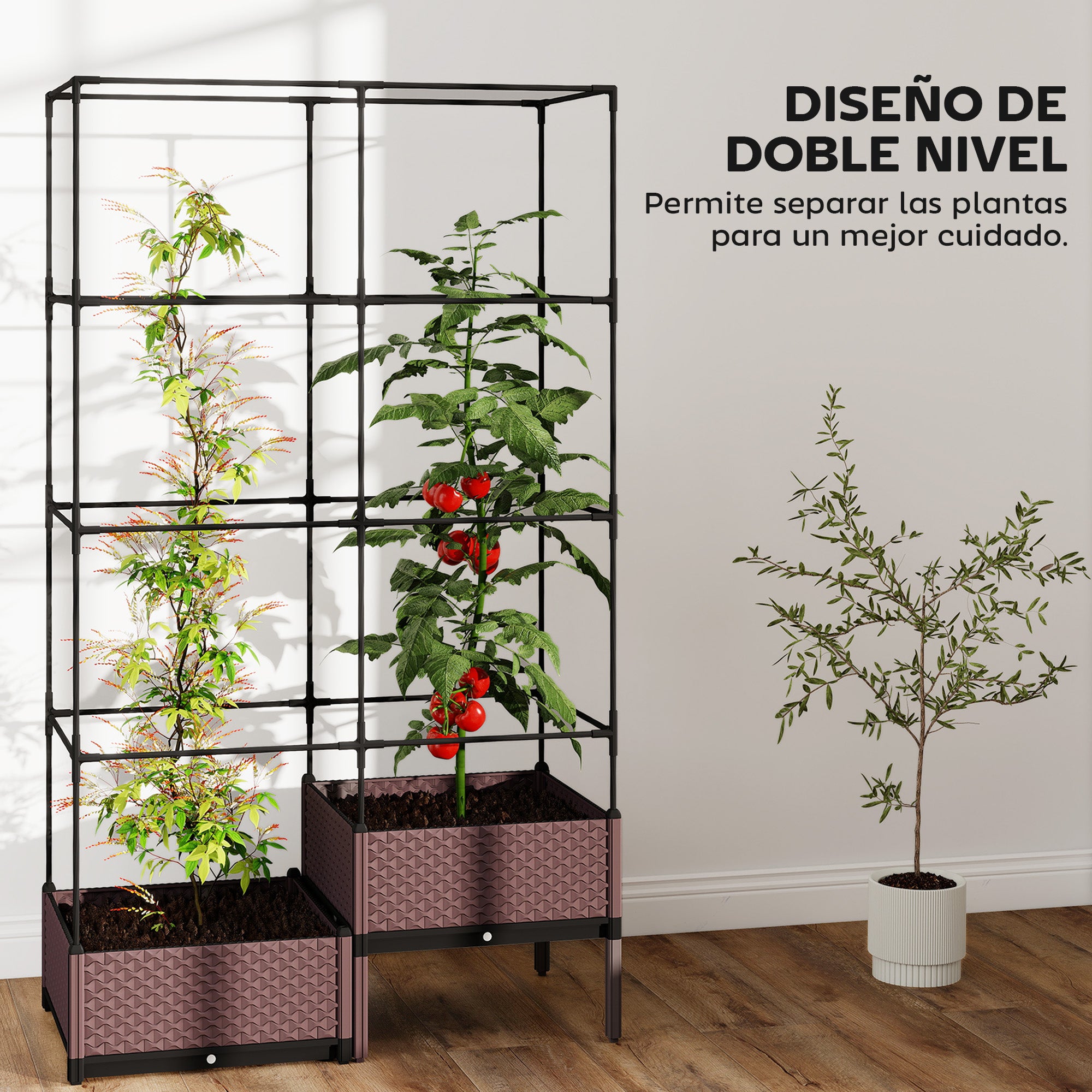 Outsunny Jardinera con Enrejado Metálico, Jardinera Exterior Grande para Plantas Trepadoras, 2 Macetas de PP con Orificios de Drenaje, Tapones, Macetero Elevado para Jardín Patio, 100x50x174 cm, Negro