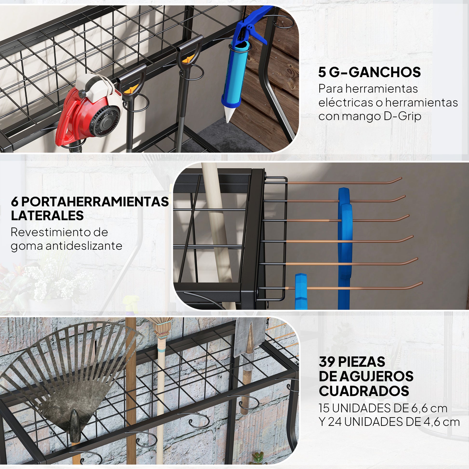 Outsunny Organizador de Herramientas de Jardín, Estantería de Almacenamiento de 3 Niveles para Garaje con Ganchos, para Palas, Rastrillos, Escobas, Soporte de Metal