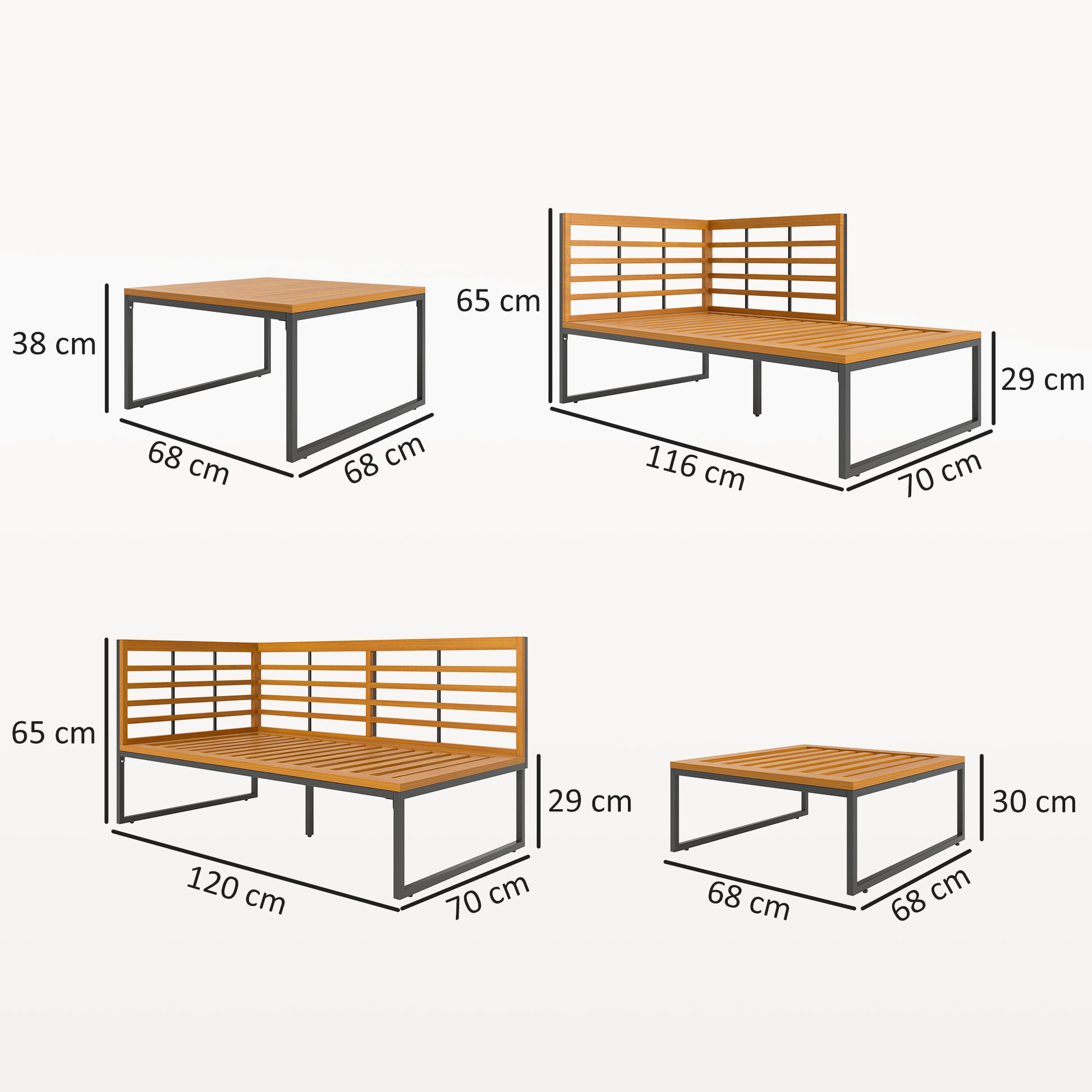 Outsunny Conjunto de Jardín Exterior de 4 Piezas Muebles Jardín Exterior en Forma de L con 2 Sofás de 2 Plazas Sofá de Esquina y Mesa de Centro de Madera de Acacia con Cojines Acolchados Gris y Teca
