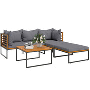 Outsunny Conjunto de Jardín Exterior de 4 Piezas Muebles Jardín Exterior en Forma de L con 2 Sofás de 2 Plazas Sofá de Esquina y Mesa de Centro de Madera de Acacia con Cojines Acolchados Gris y Teca