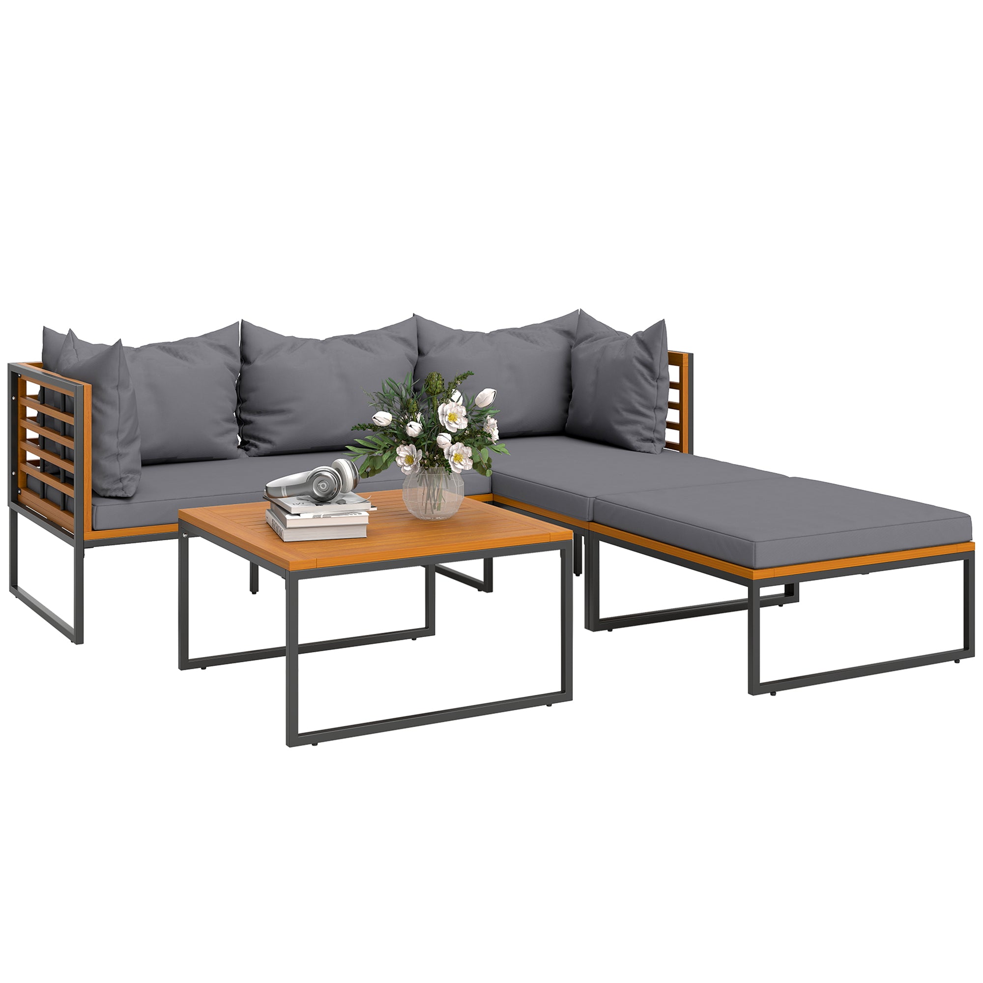 Outsunny Conjunto de Jardín Exterior de 4 Piezas Muebles Jardín Exterior en Forma de L con 2 Sofás de 2 Plazas Sofá de Esquina y Mesa de Centro de Madera de Acacia con Cojines Acolchados Gris y Teca