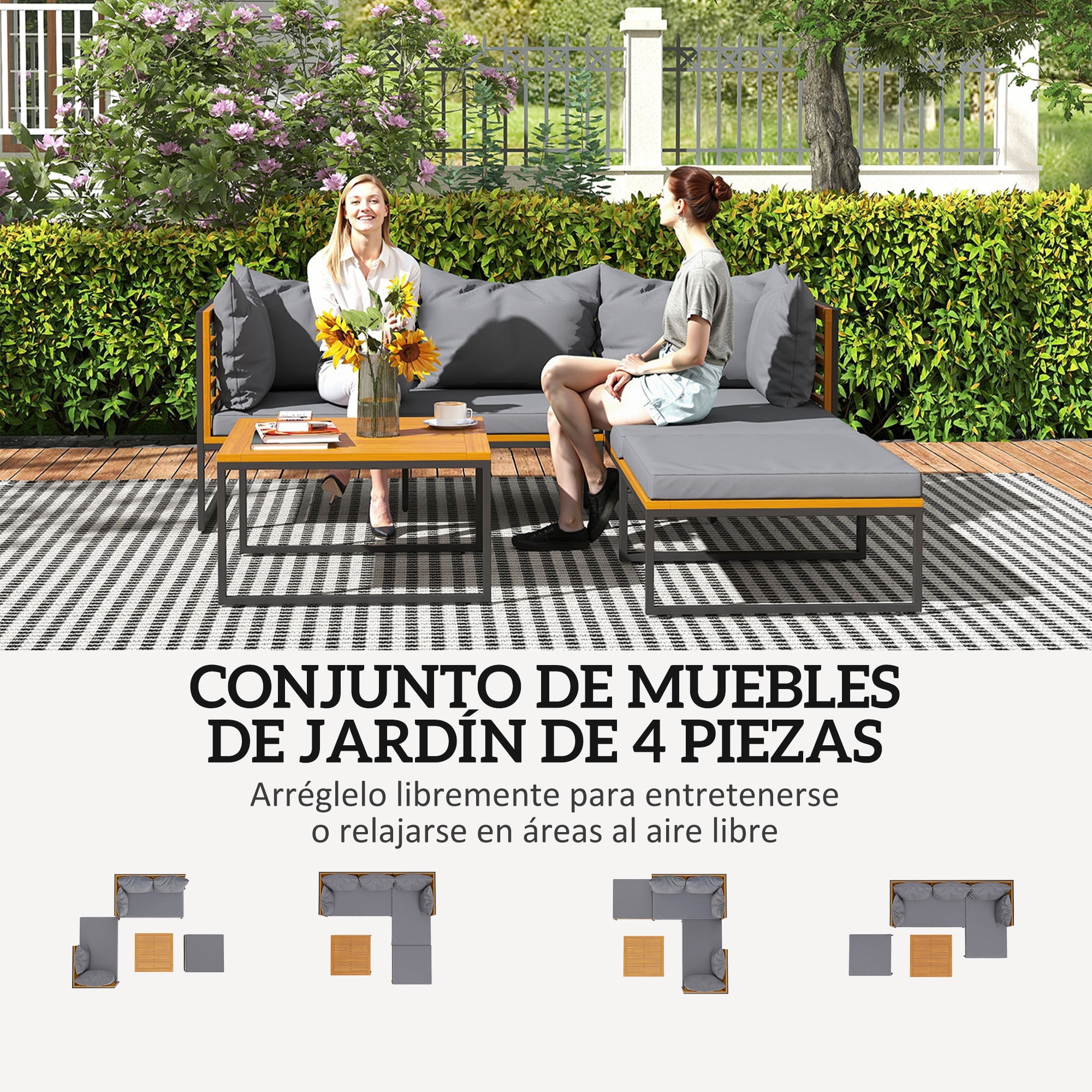 Outsunny Conjunto de Jardín Exterior de 4 Piezas Muebles Jardín Exterior en Forma de L con 2 Sofás de 2 Plazas Sofá de Esquina y Mesa de Centro de Madera de Acacia con Cojines Acolchados Gris y Teca