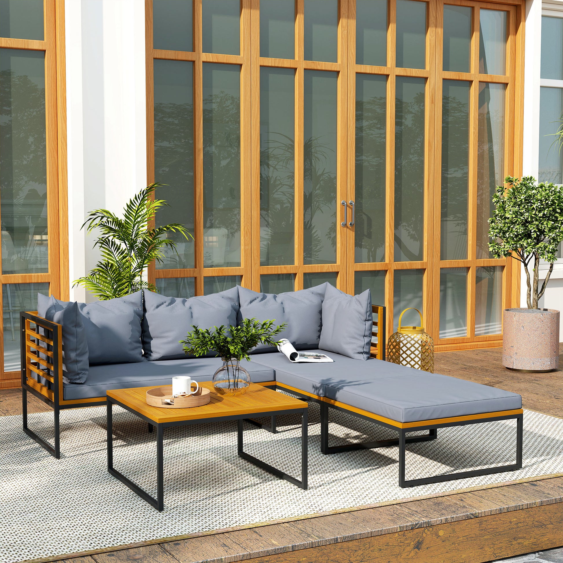 Outsunny Conjunto de Jardín Exterior de 4 Piezas Muebles Jardín Exterior en Forma de L con 2 Sofás de 2 Plazas Sofá de Esquina y Mesa de Centro de Madera de Acacia con Cojines Acolchados Gris y Teca