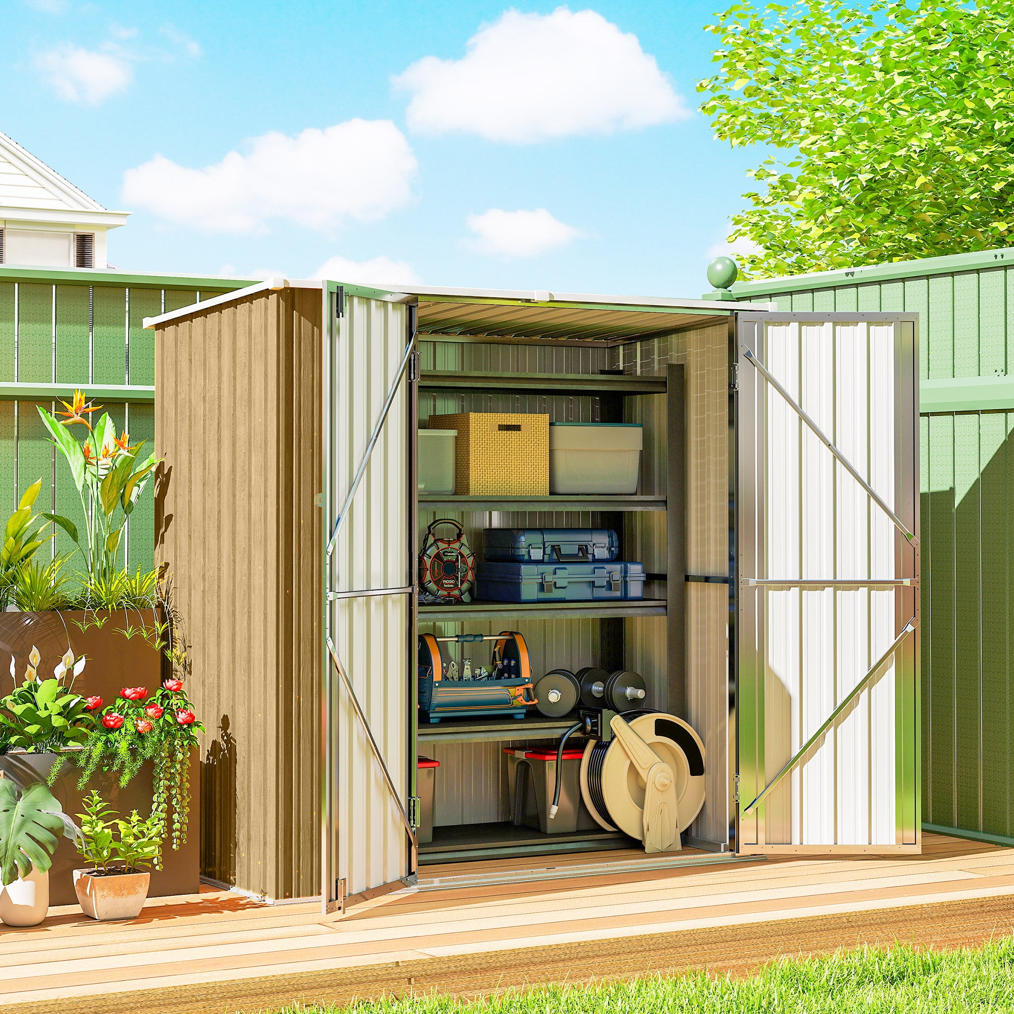 Outsunny Caseta de Jardín Exterior 1,37 m², 163x89x163 cm, Cobertizo de Jardín Exterior Metálico con Techo Inclinado, Puertas con Pestillo y Guantes para Almacenamiento de Herramientas, Marrón Claro