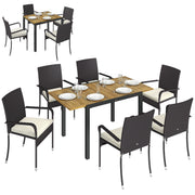 Outsunny Conjunto de Mesa y Sillas Jardín de Ratán de 7 Piezas, Muebles Jardín Exterior con Mesa Extensible 100-150 cm Tablero Madera y 6 Sillas Apilables con Cojines Extraíbles, Marco de Acero, Crema