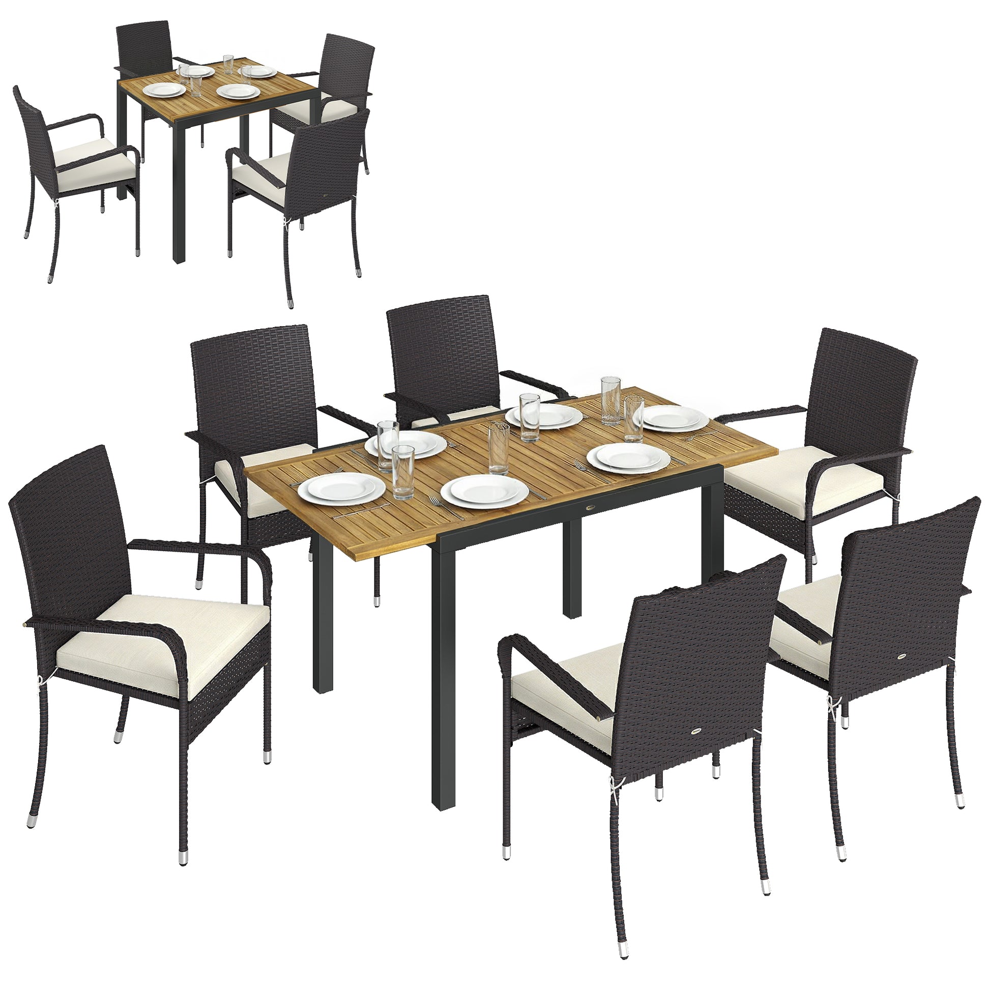 Outsunny Conjunto de Mesa y Sillas Jardín de Ratán de 7 Piezas, Muebles Jardín Exterior con Mesa Extensible 100-150 cm Tablero Madera y 6 Sillas Apilables con Cojines Extraíbles, Marco de Acero, Crema