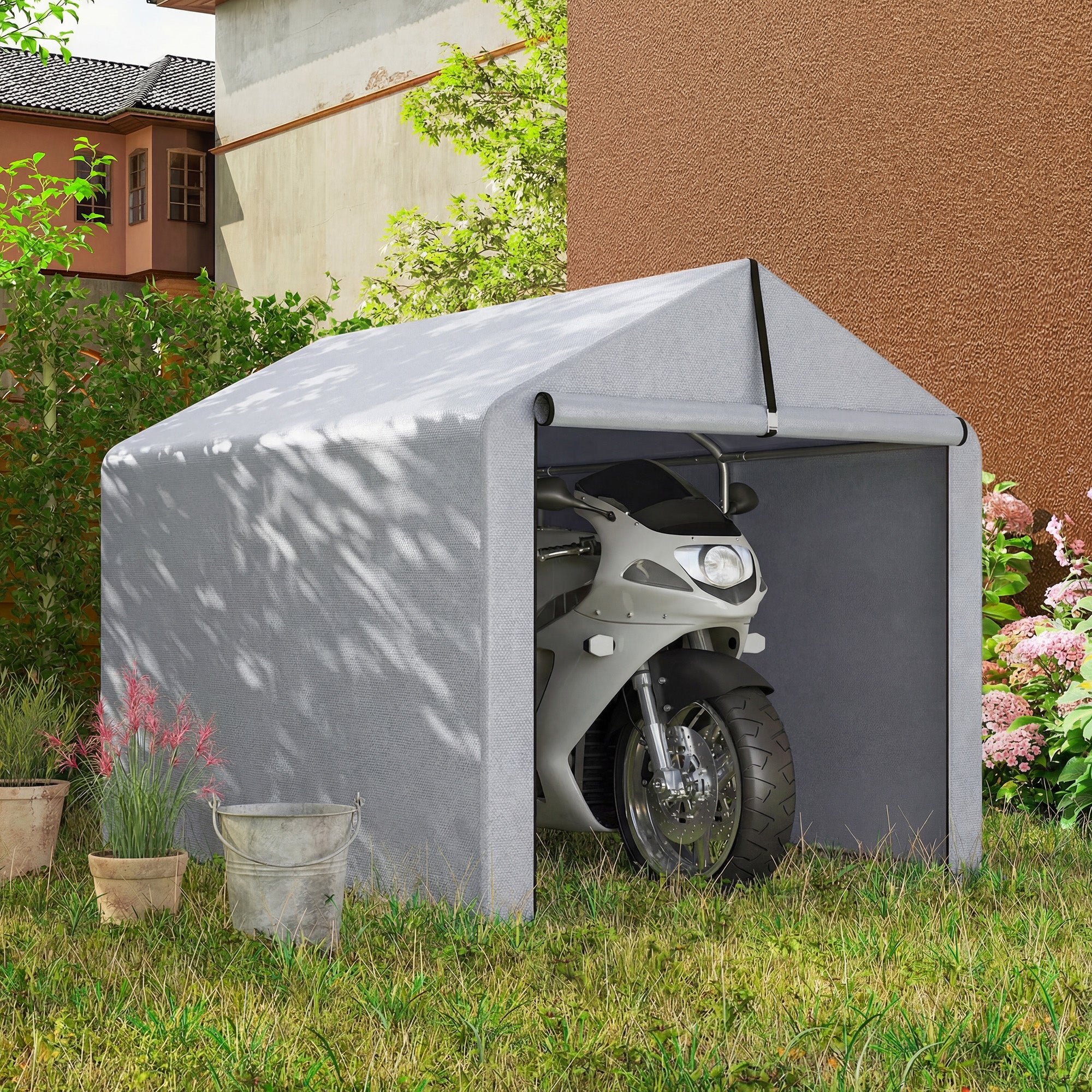Outsunny Carpa de Jardín Exterior para Herramientas, Bicicletas, 1,6x2,2x1,6 m, Cobertizo Exterior con Marco de Acero Galvanizado, Puerta Enrollable, Impermeable, Anti-UV, Garaje Portátil, Gris