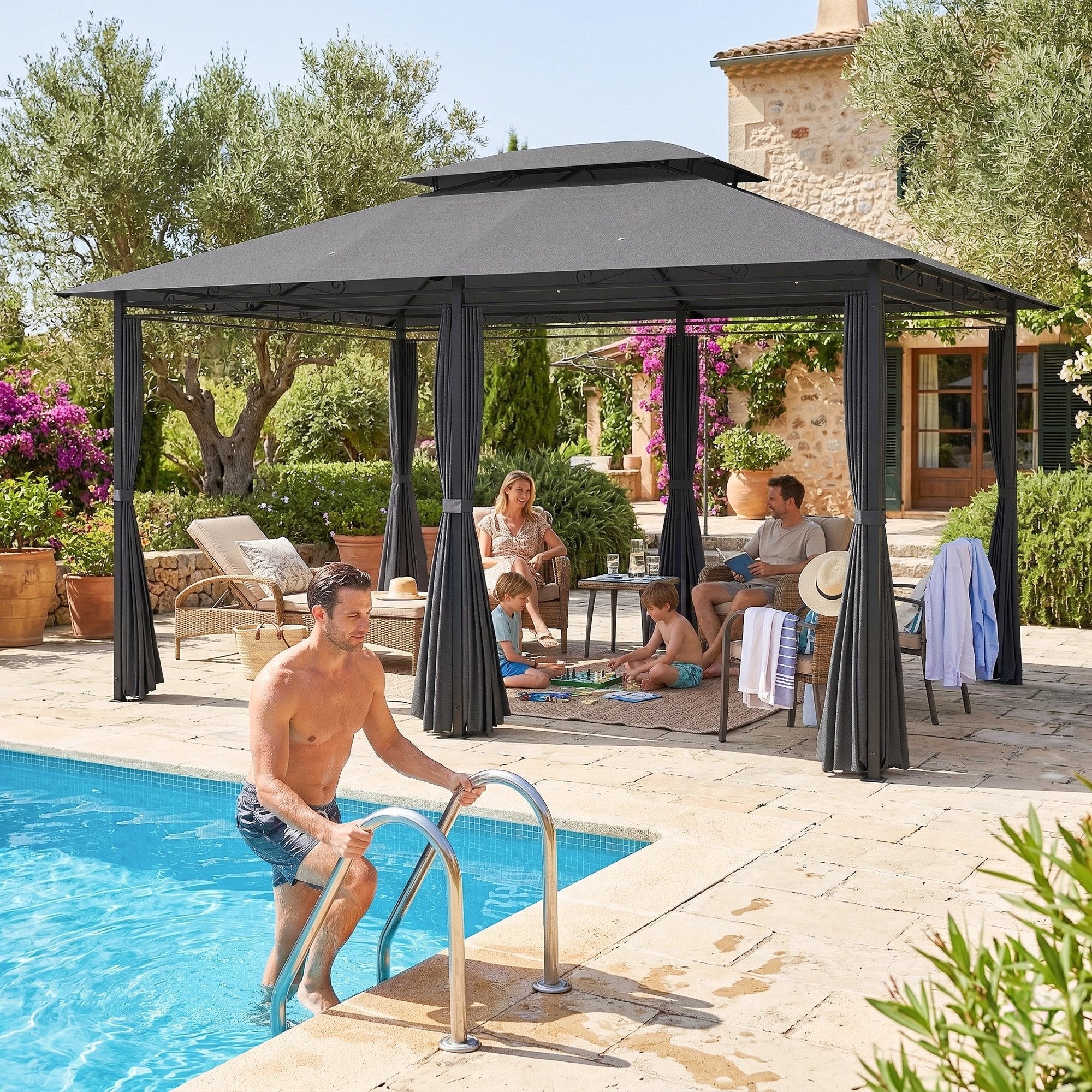 Outsunny Cenador para Jardín 3x4 m, Pabellón de Jardín, Gazebo con Doble Techo, 6 Paredes Laterales, Estructura Metálica, Drenaje, Carpa para Exterior, Terraza, Patio, Gris