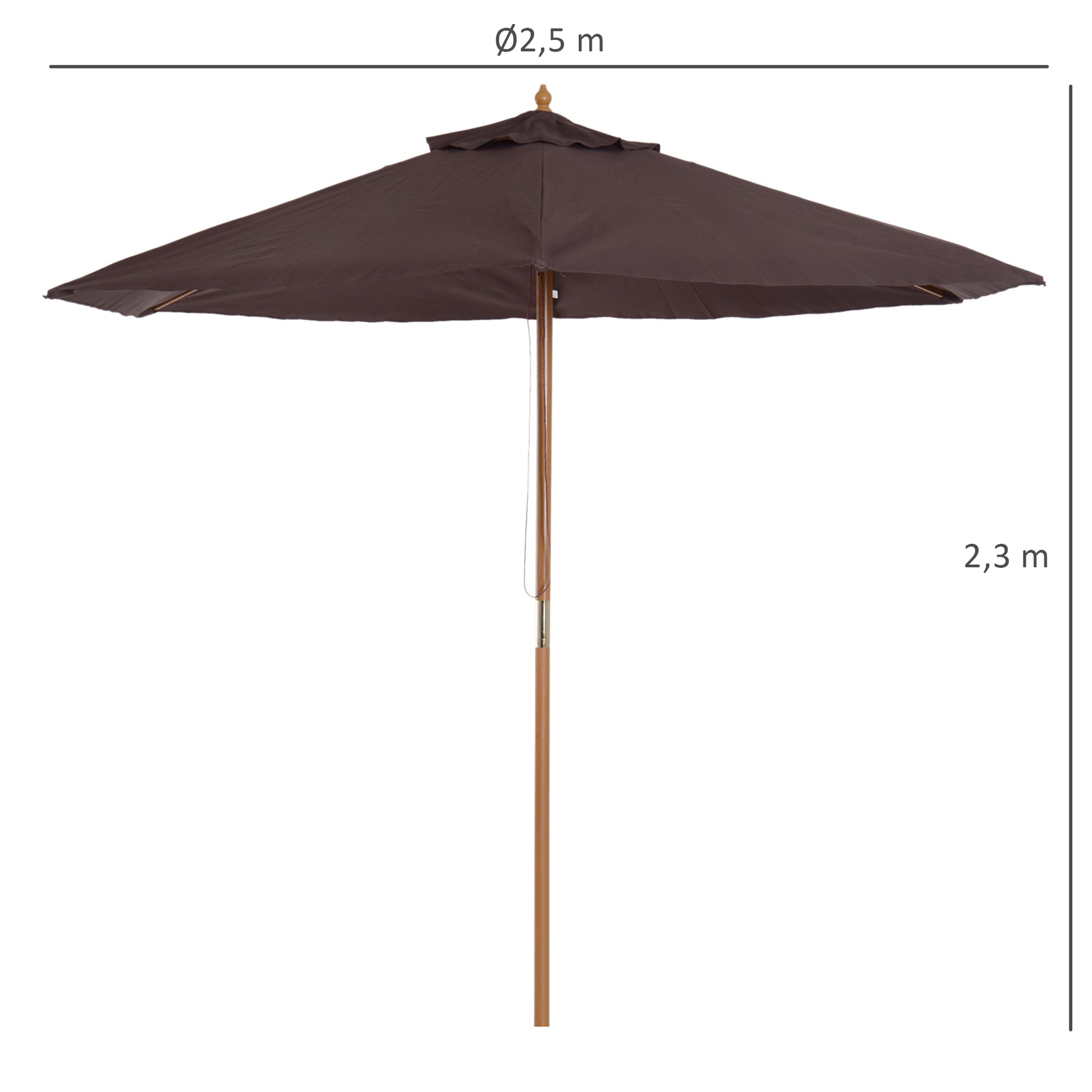 Outsunny Sombrilla de Jardín Ø250x230 cm Parasol de Terraza con 6 Varillas Poste Desmontable Anti-UV Impermeable y Marco de Madera para Playa Patio Café