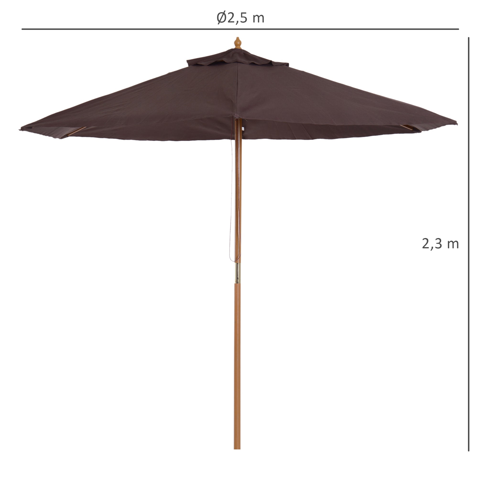 Outsunny Sombrilla de Jardín Ø250x230 cm Parasol de Terraza con 6 Varillas Poste Desmontable Anti-UV Impermeable y Marco de Madera para Playa Patio Café