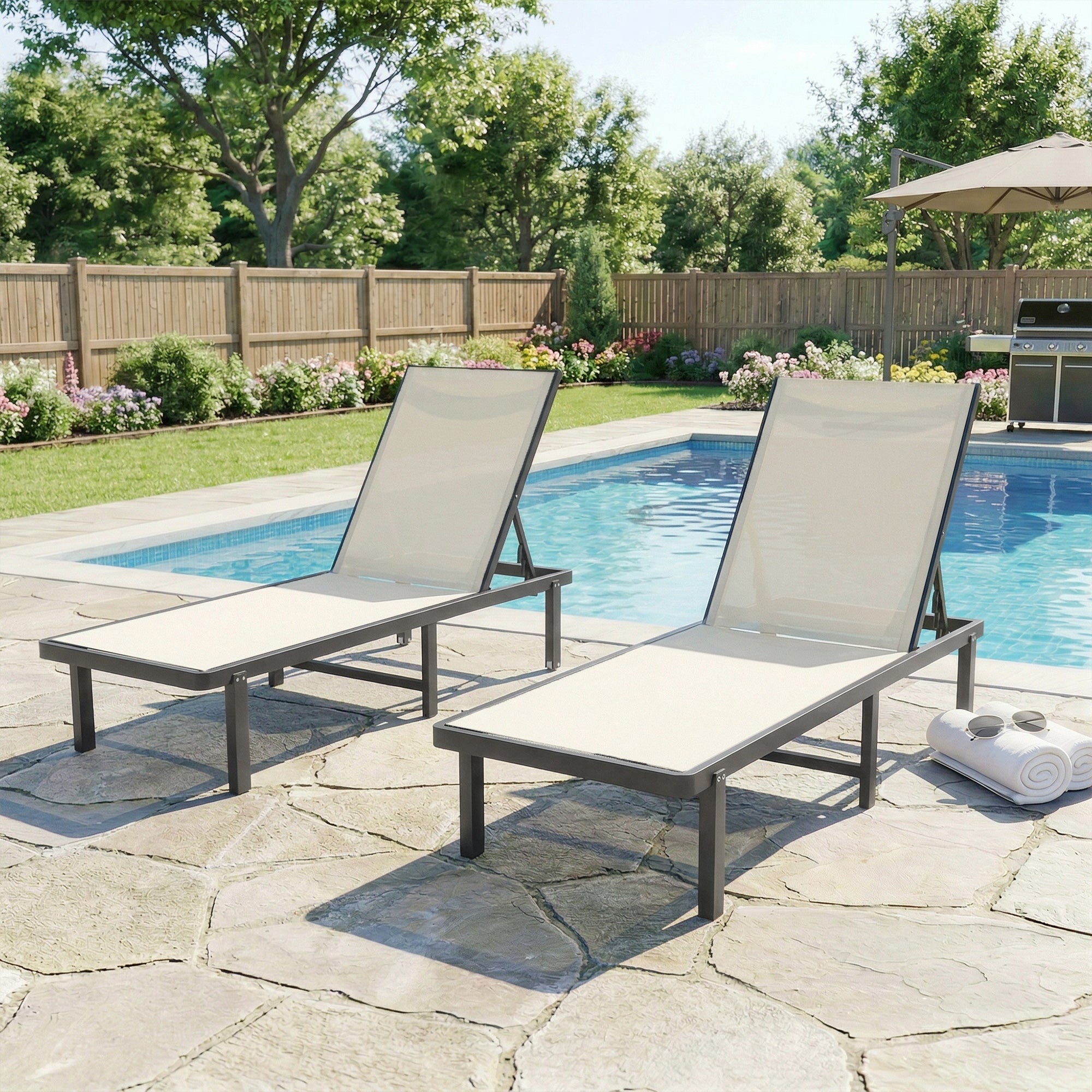 Outsunny Pack de 2 Tumbonas de Jardín Exterior, Tumbonas Reclinables con Ruedas, Respaldo Ajustable de 4 Niveles, Estructura de Aluminio y Tela Textilene, Resistentes, para Playa, Piscina, Beige