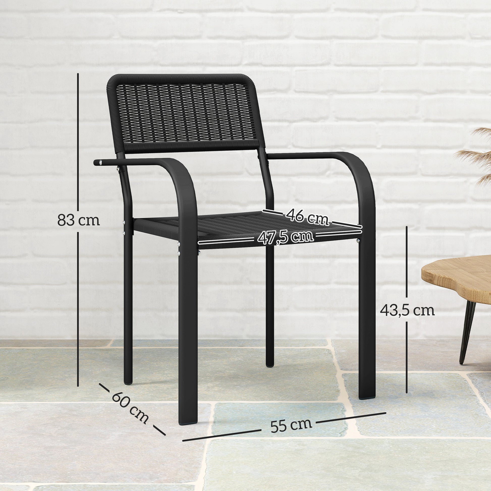 Outsunny Juego de 4 Sillas de Jardín Exterior Apilables, Sillas de Comedor Exterior Efecto Ratán, con Reposabrazos, Marco de Acero, Resistente a la Intemperie y Ligero, 55x60x83 cm, Negro