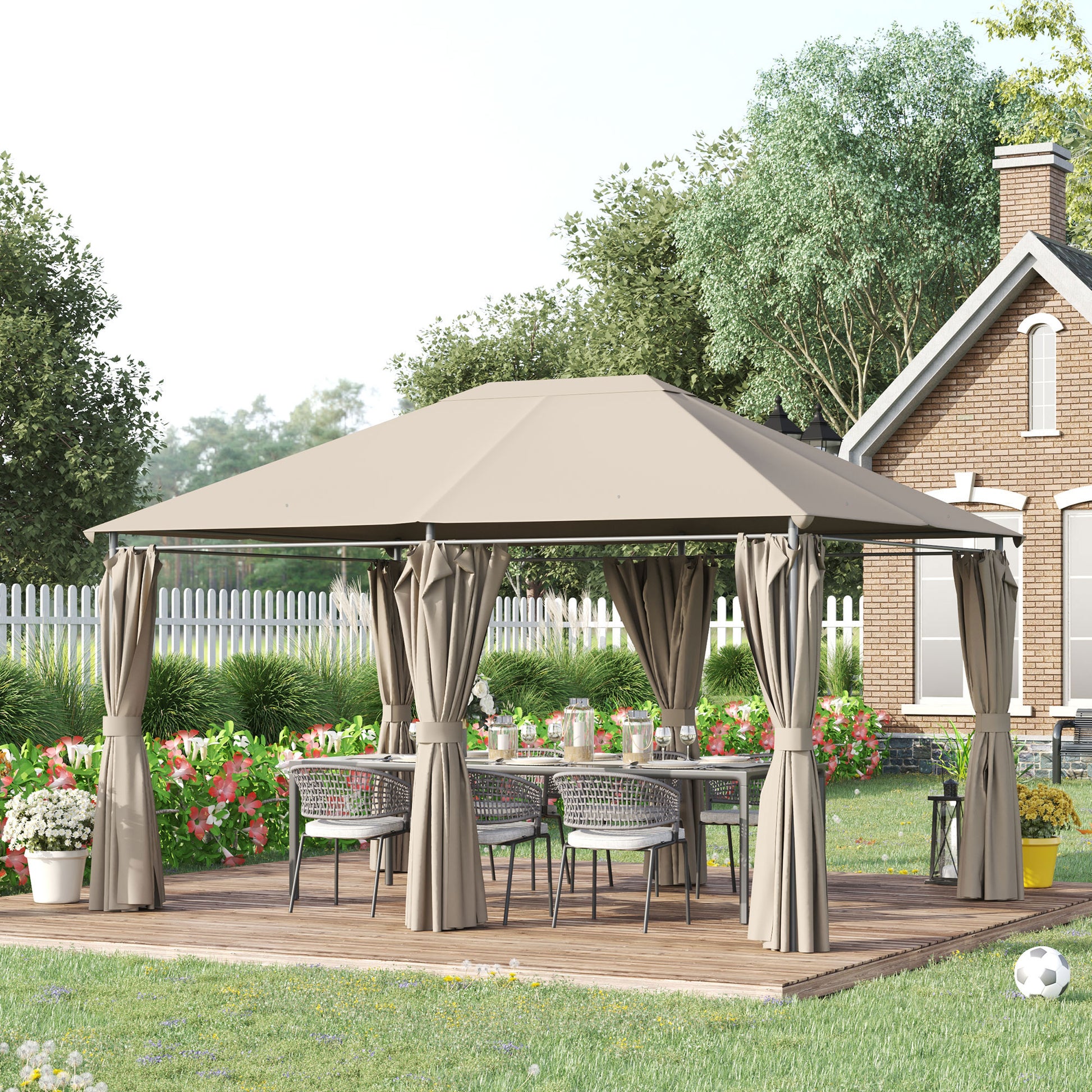 Outsunny Cenador de Jardín 4x3 m Pabellón de Exterior con 6 Paredes Laterales 8 Orificios de Drenaje y Marco de Acero Gazebo para Fiestas Patio Terraza Caqui