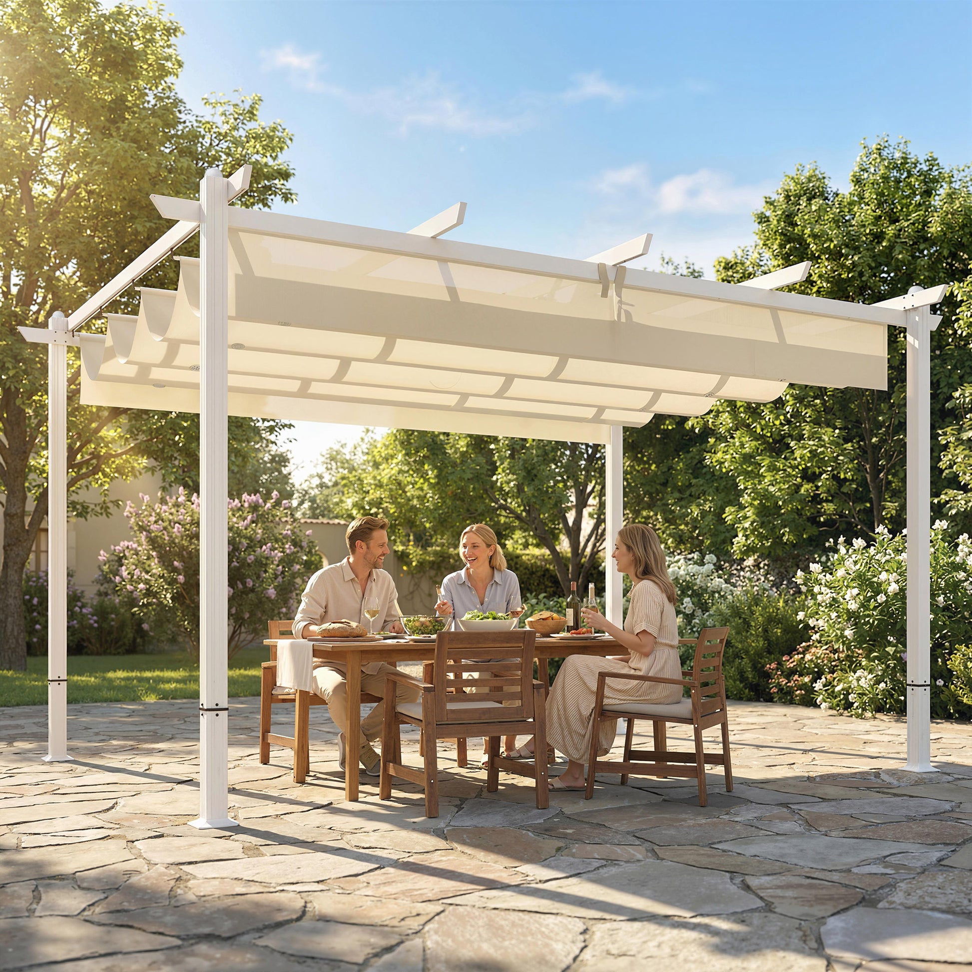Outsunny Pérgola de Jardín 4x3 m con Techo Retráctil, Cenador de Jardín con Protección UPF30+, Orificios de Drenaje, Estructura Metálica, Pabellón para Patio, Terraza, Exterior, Beige