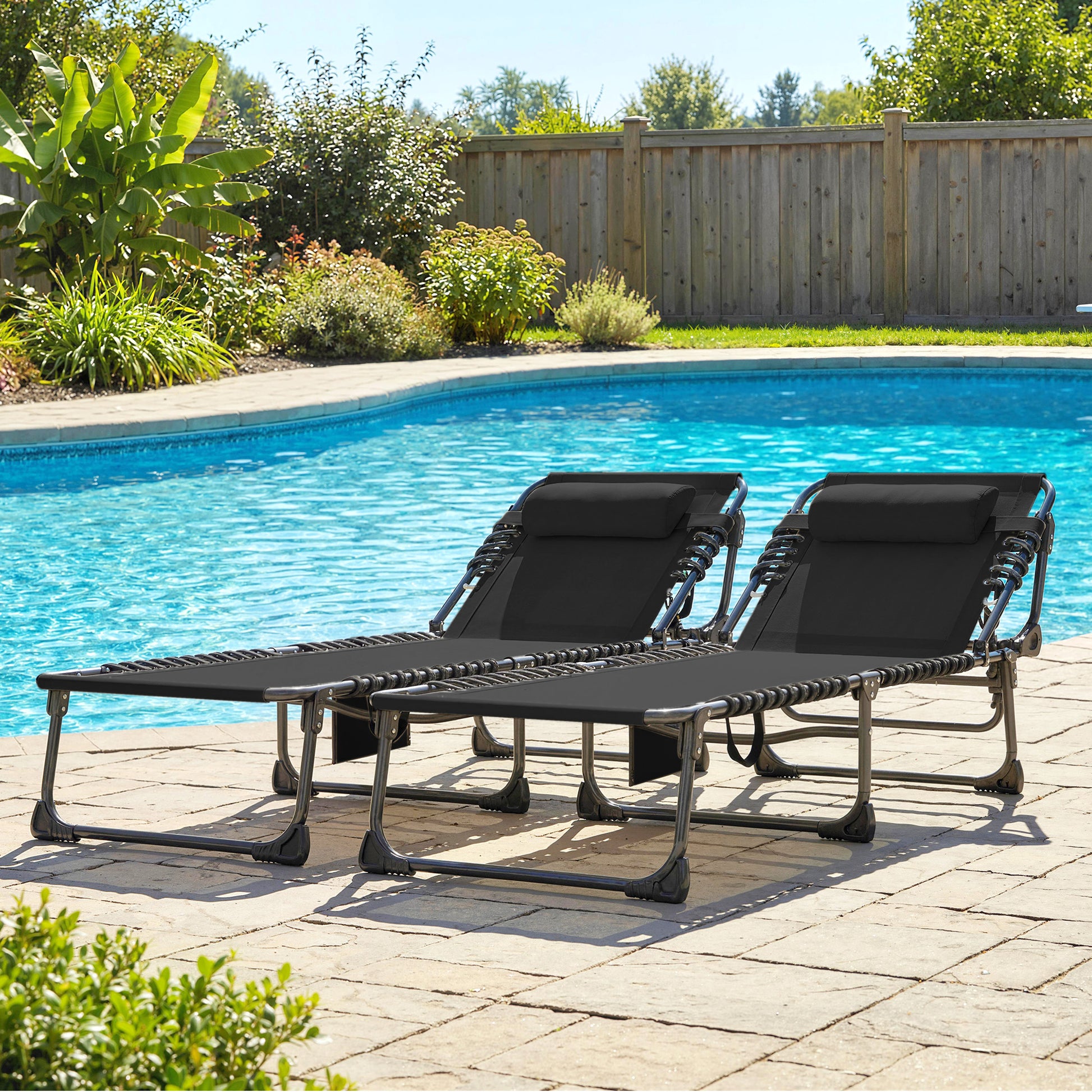 Outsunny Set de 2 Tumbonas Jardín Exterior, Tumbonas Plegables con Reposacabezas y Bolsillo Lateral, Respaldo Reclinable 5 Posiciones y Asiento de Malla Transpirable para Playa, Piscina, Negro