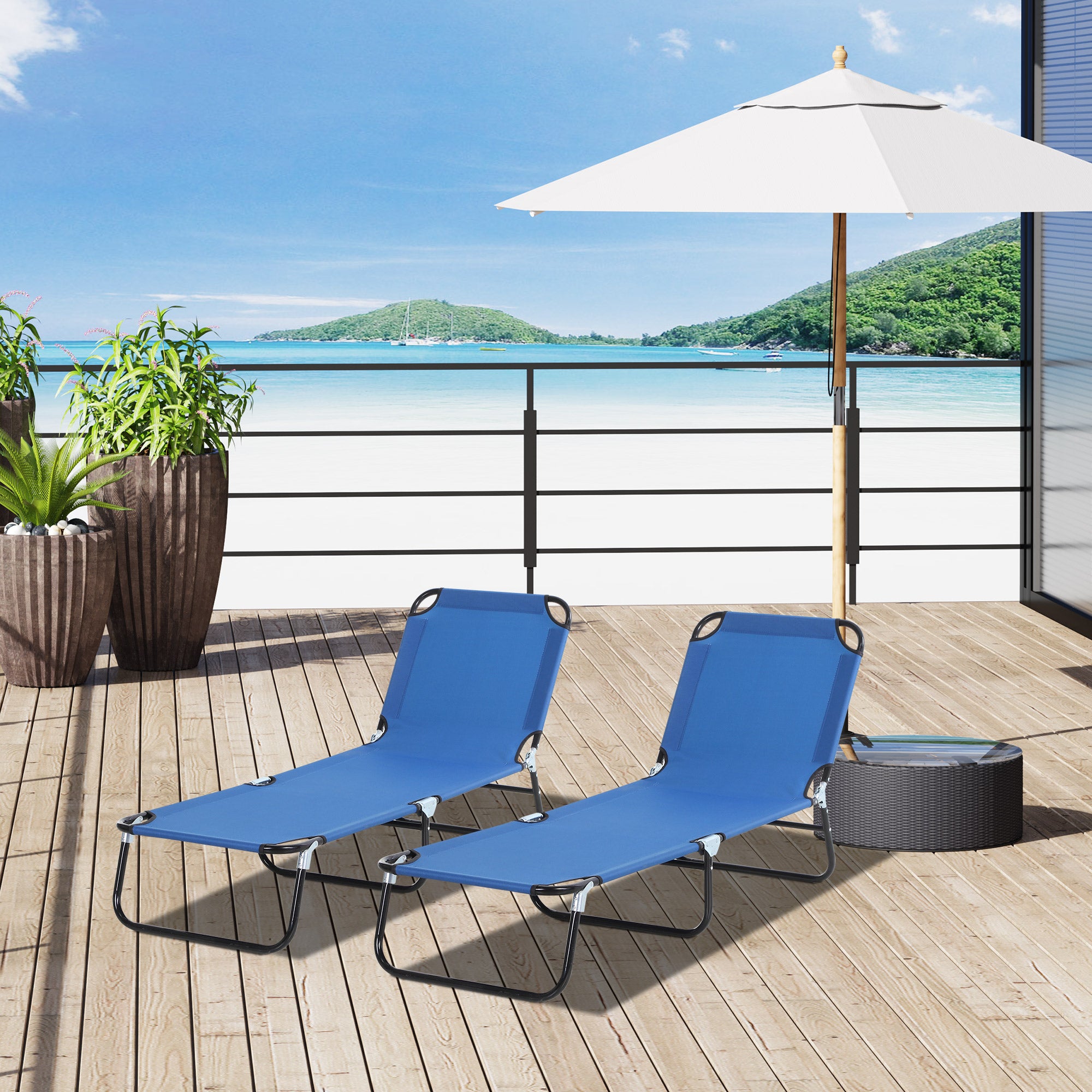 Outsunny Conjunto de 2 Tumbonas Plegables Tumbonas de Jardín Reclinables con Respaldo Ajustable en 5 Niveles Carga 120 kg para Terraza Piscina 188x56x28 cm Azul