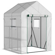Outsunny Invernadero de Jardín 143x143x195 cm Vivero Casero de Acero con 4 Estantes Puerta y 2 Ventanas Enrollables para Cultivos Plantas Macetas Flores Patio Exterior Blanco