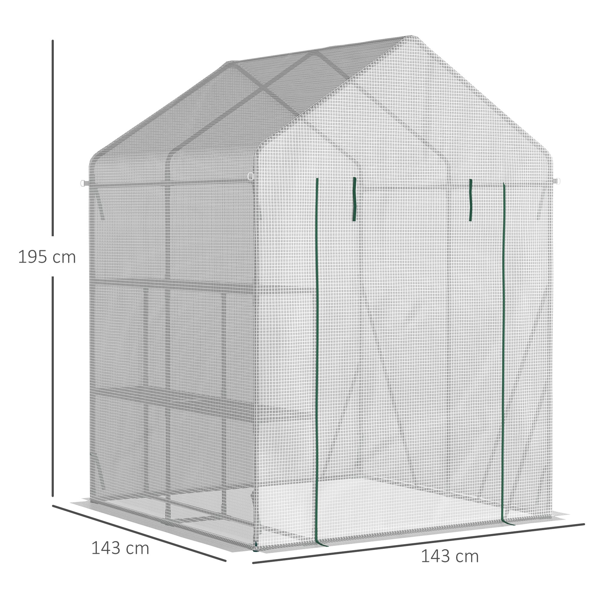 Outsunny Invernadero de Jardín 143x143x195 cm Vivero Casero de Acero con 4 Estantes Puerta y 2 Ventanas Enrollables para Cultivos Plantas Macetas Flores Patio Exterior Blanco