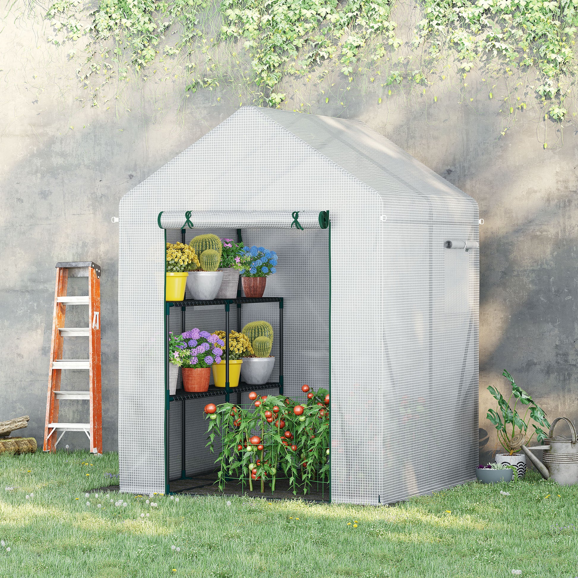 Outsunny Invernadero de Jardín 143x143x195 cm Vivero Casero de Acero con 4 Estantes Puerta y 2 Ventanas Enrollables para Cultivos Plantas Macetas Flores Patio Exterior Blanco
