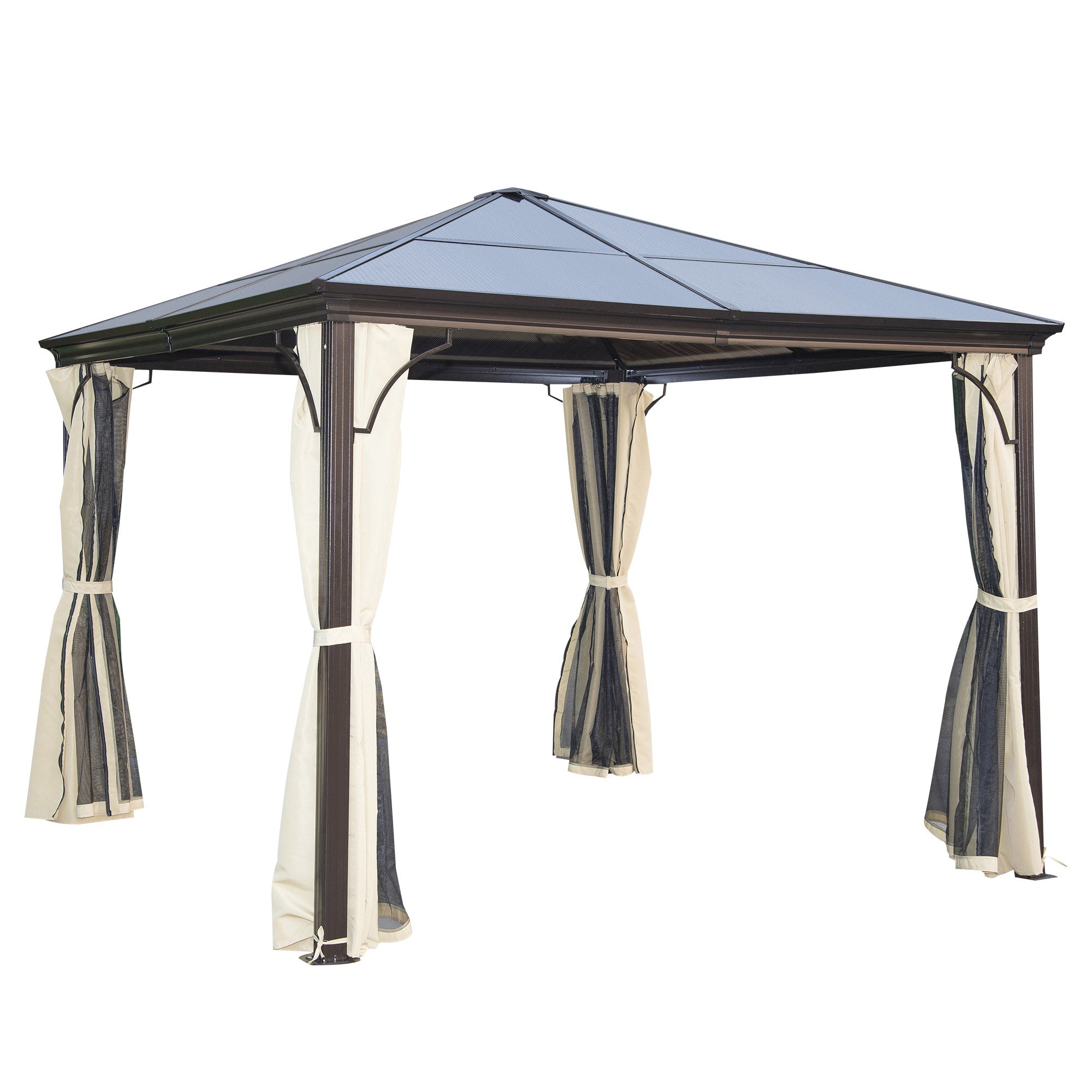 Outsunny Cenador para Jardín 3x3 m Alumnio Pabellón para Exterior con Techo de Policarbonato Anti-UV y 4 Mosquiteras Laterales con Cremalleras para Fiestas Eventos Beige