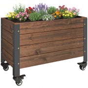 Outsunny Jardinera Exterior de Madera con Ruedas, Huerto Urbano Elevado con Orificio de Drenaje y Tela no Tejida, Macetero Exterior Rectangular para Jardín, Terraza, 60x30x41 cm, Marrón Oscuro