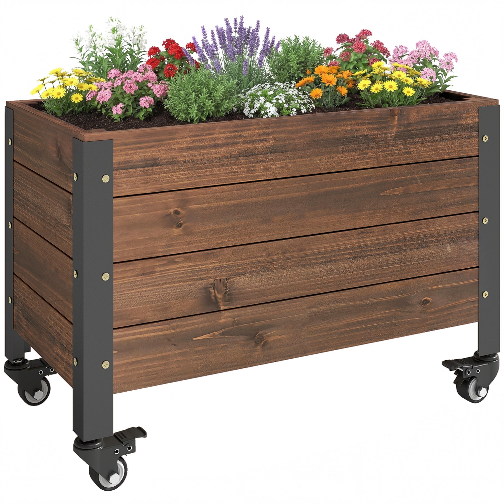 Outsunny Jardinera Exterior de Madera con Ruedas, Huerto Urbano Elevado con Orificio de Drenaje y Tela no Tejida, Macetero Exterior Rectangular para Jardín, Terraza, 60x30x41 cm, Marrón Oscuro