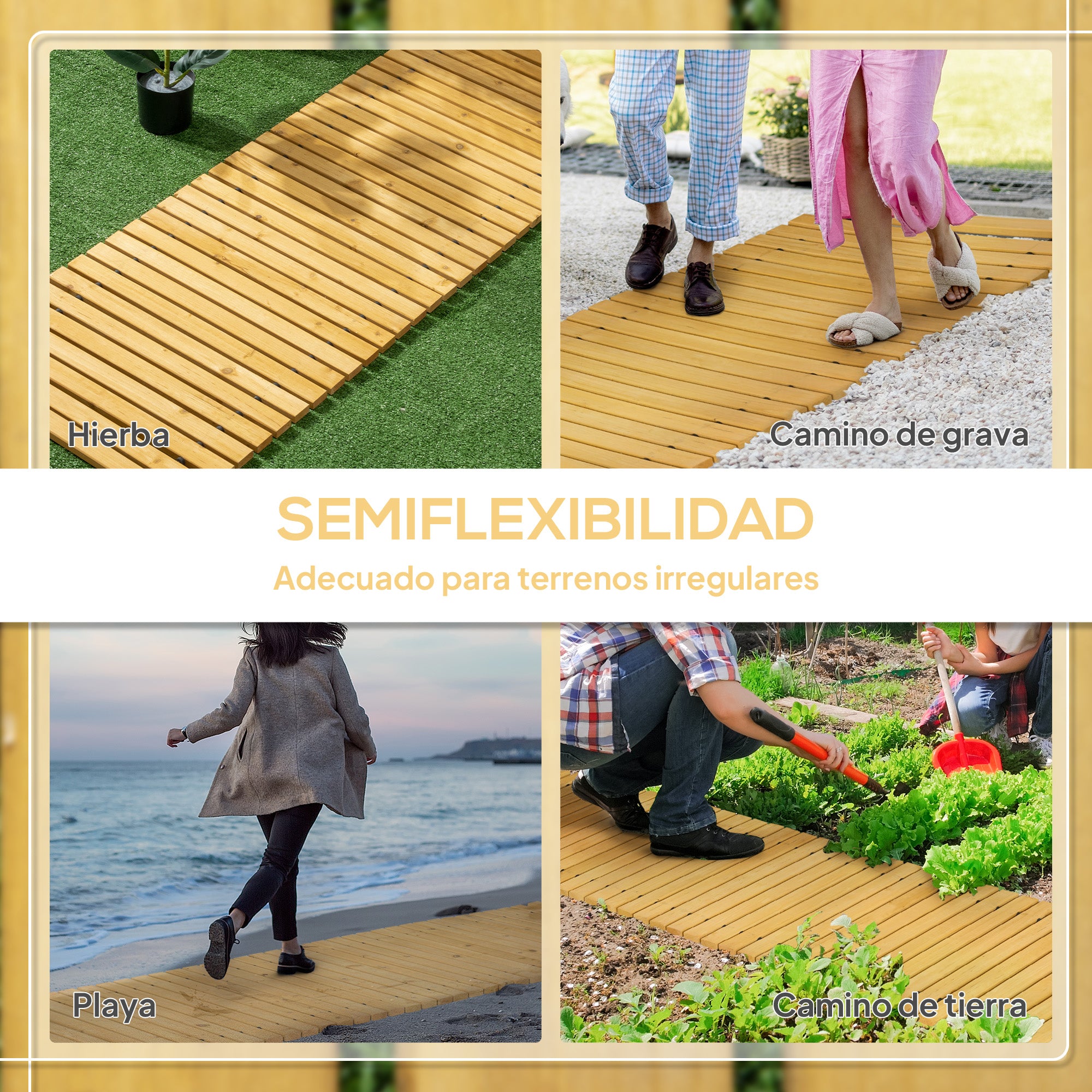 Outsunny Camino de Jardín de Madera 185x60 cm Pasarela Recta Enrollable para Exteriores Resistente a la Intemperie Decorativo de Jardín para Playa Boda Fiesta Natural