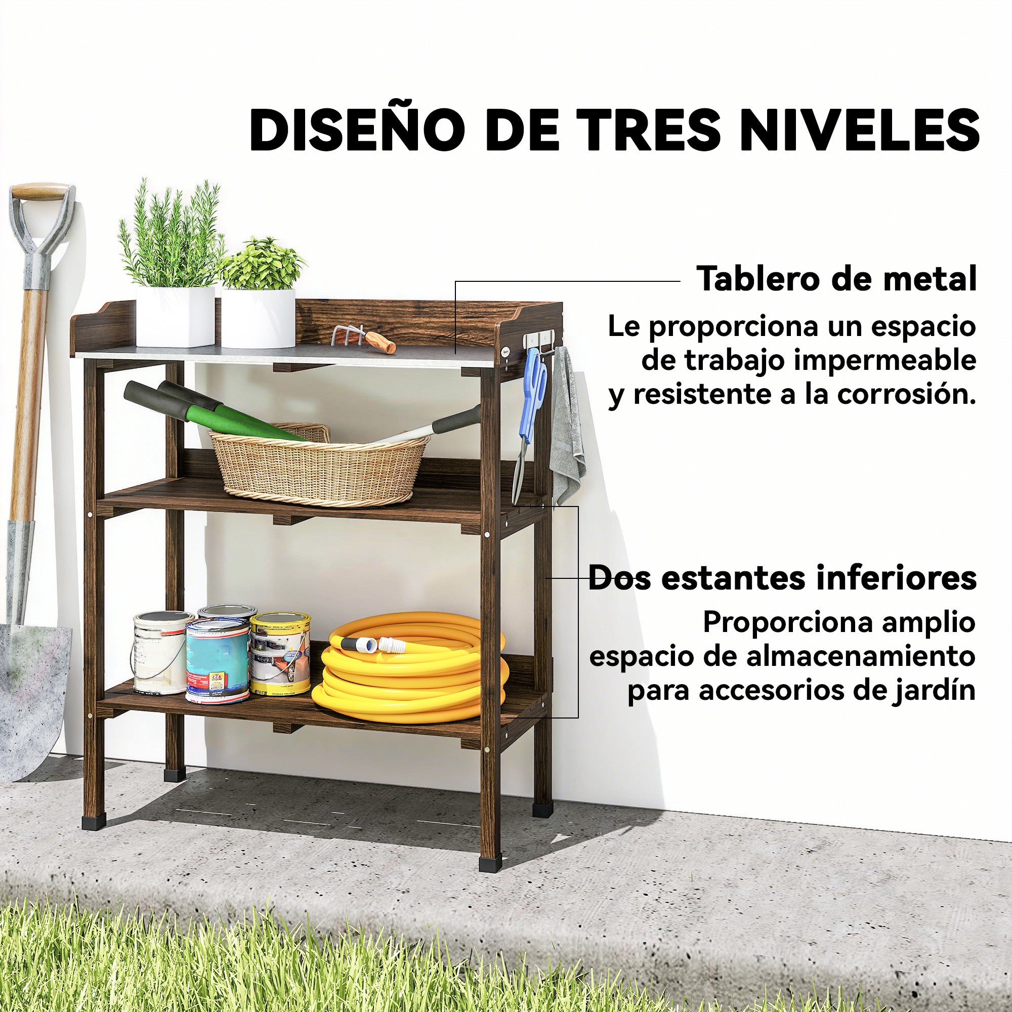 Outsunny Mesa de Plantación de Madera de 3 Niveles, Mesa de Jardinería con Placa Metálica, 2 Estantes y Ganchos, Resistente a la Intemperie, para Jardín, Terraza, Balcón, 76x37x89 cm, Carbonizado