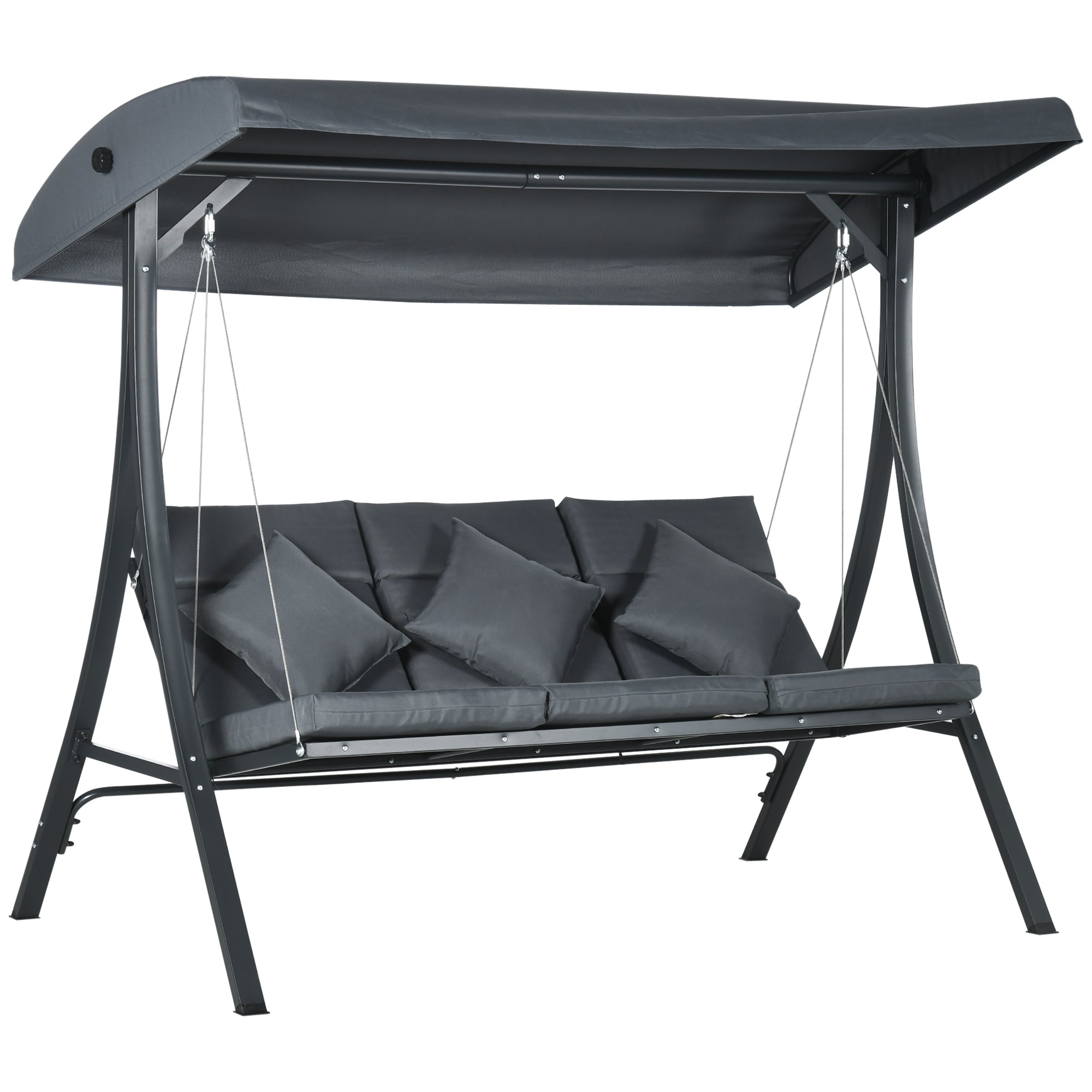 Outsunny Columpio de Jardín Exterior de 3 Plazas, Balancín de Jardín Exterior con Techo Ajustable Cojines, Almohadas y Estructura de Acero, para Terraza, Patio, Carga 320 kg, 202x115x168 cm, Gris