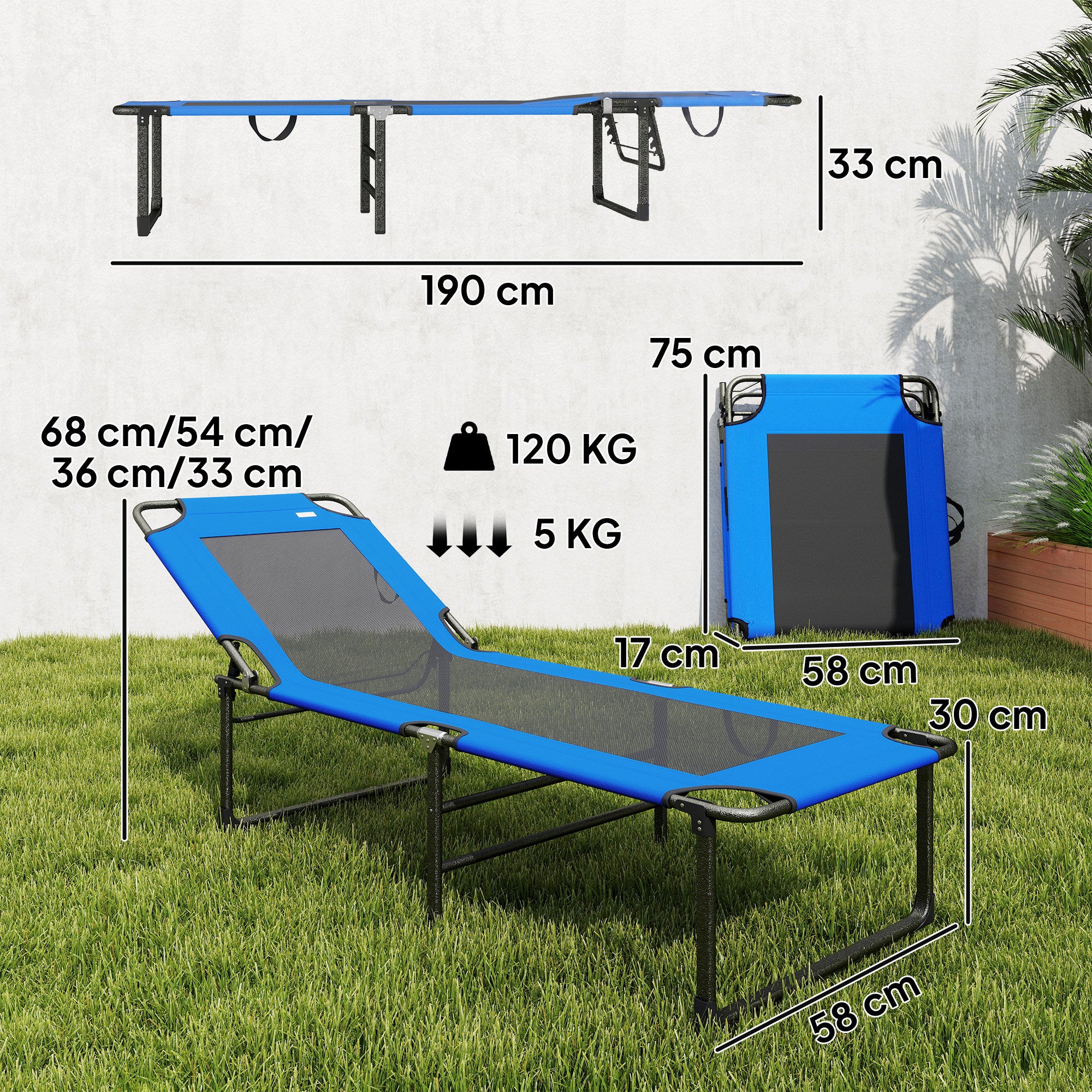 Outsunny Tumbona Plegable, Tumbona Jardín Exterior con Respaldo Ajustable en 4 Posiciones, Asas de Transporte y Respaldo de Textilene, Carga 120 kg, para Terraza, Piscina, Playa, 175x58x68 cm, Azul