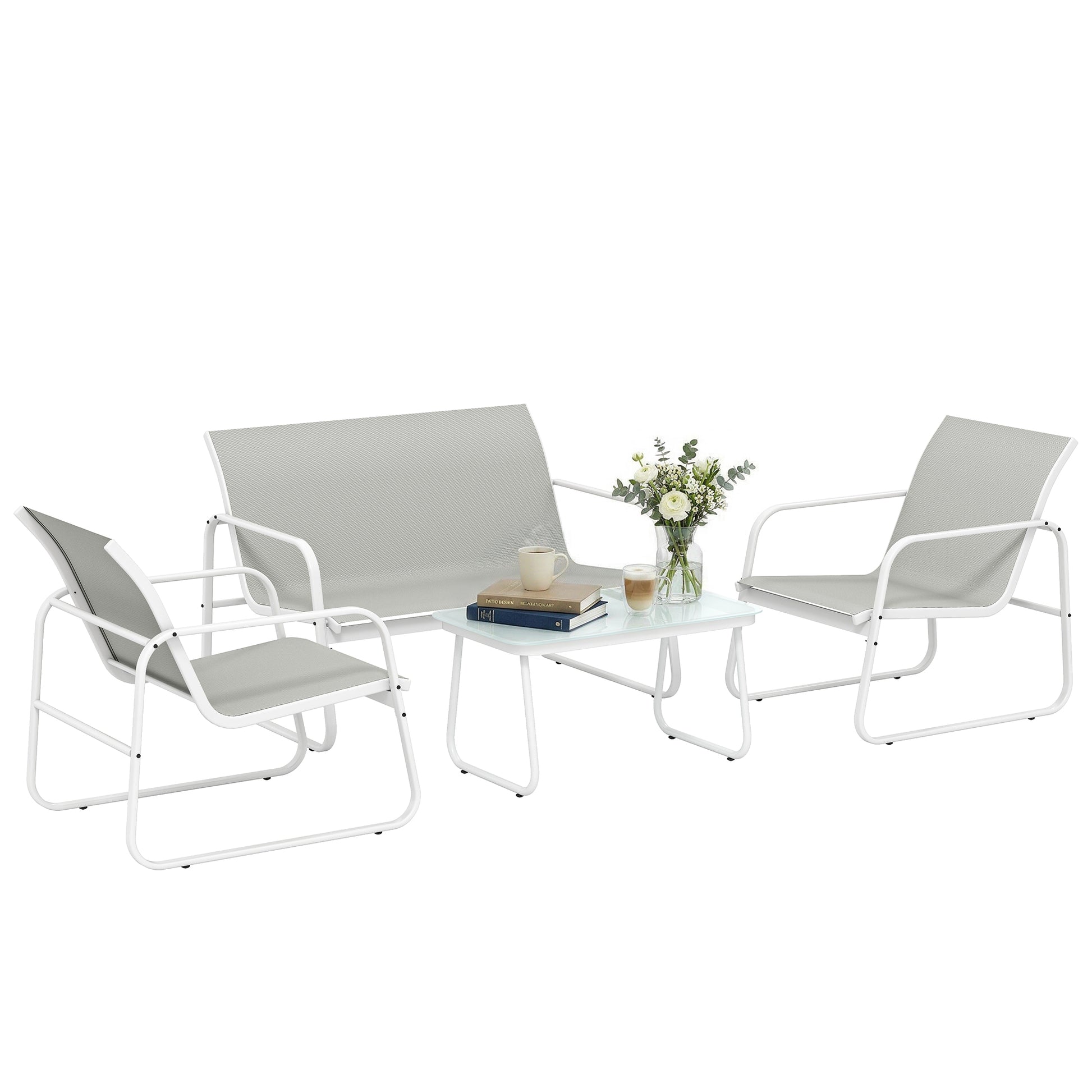 Outsunny Conjunto Jardín Exterior de 4 Piezas, Muebles Jardín Exterior con Sofá de 2 Plazas, 2 Sillones, Mesa de Vidrio Templado, Tela de Textilene Transpirable, Estructura de Acero, Gris Claro
