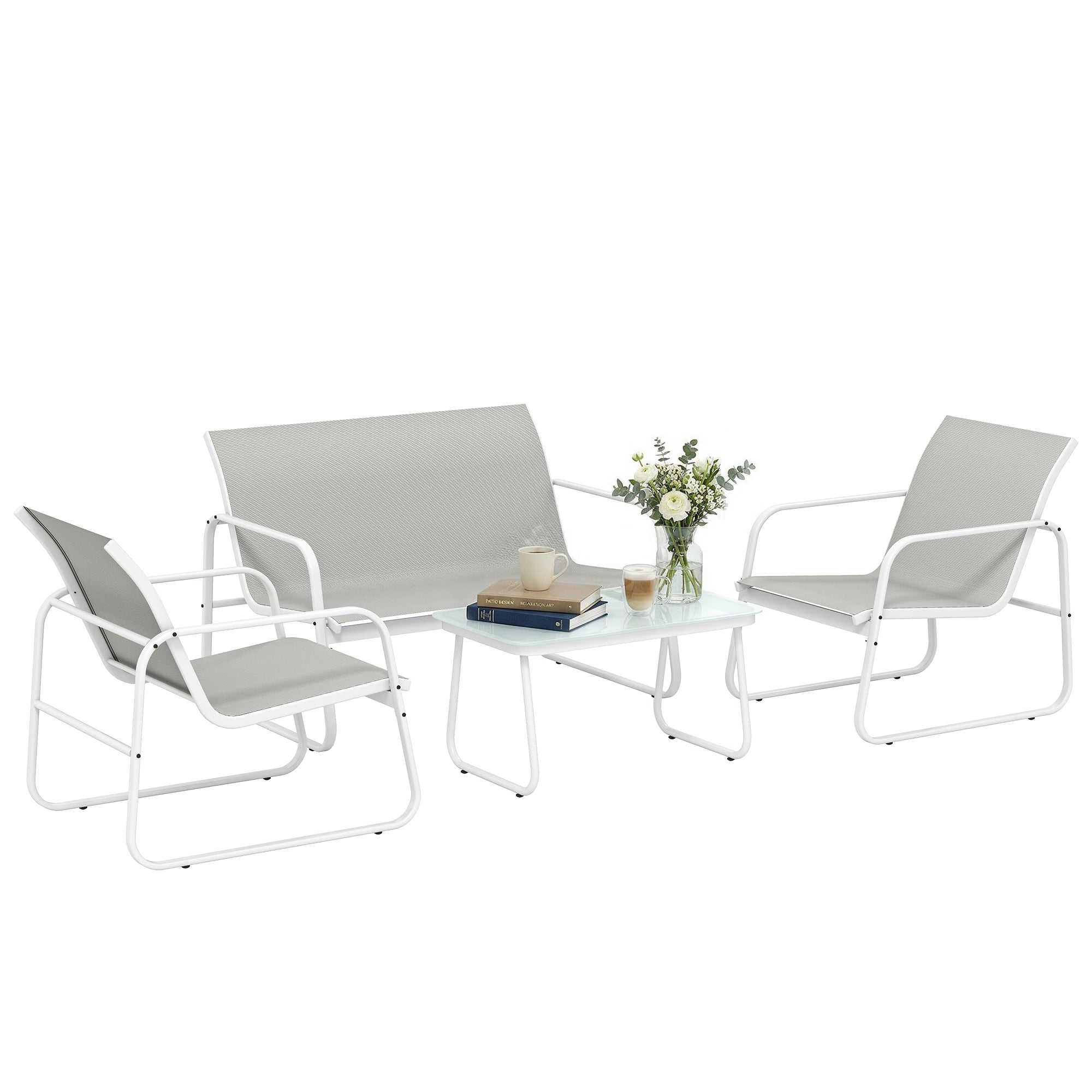 Outsunny Conjunto Jardín Exterior de 4 Piezas, Muebles Jardín Exterior con Sofá de 2 Plazas, 2 Sillones, Mesa de Vidrio Templado, Tela de Textilene Transpirable, Estructura de Acero, Gris Claro