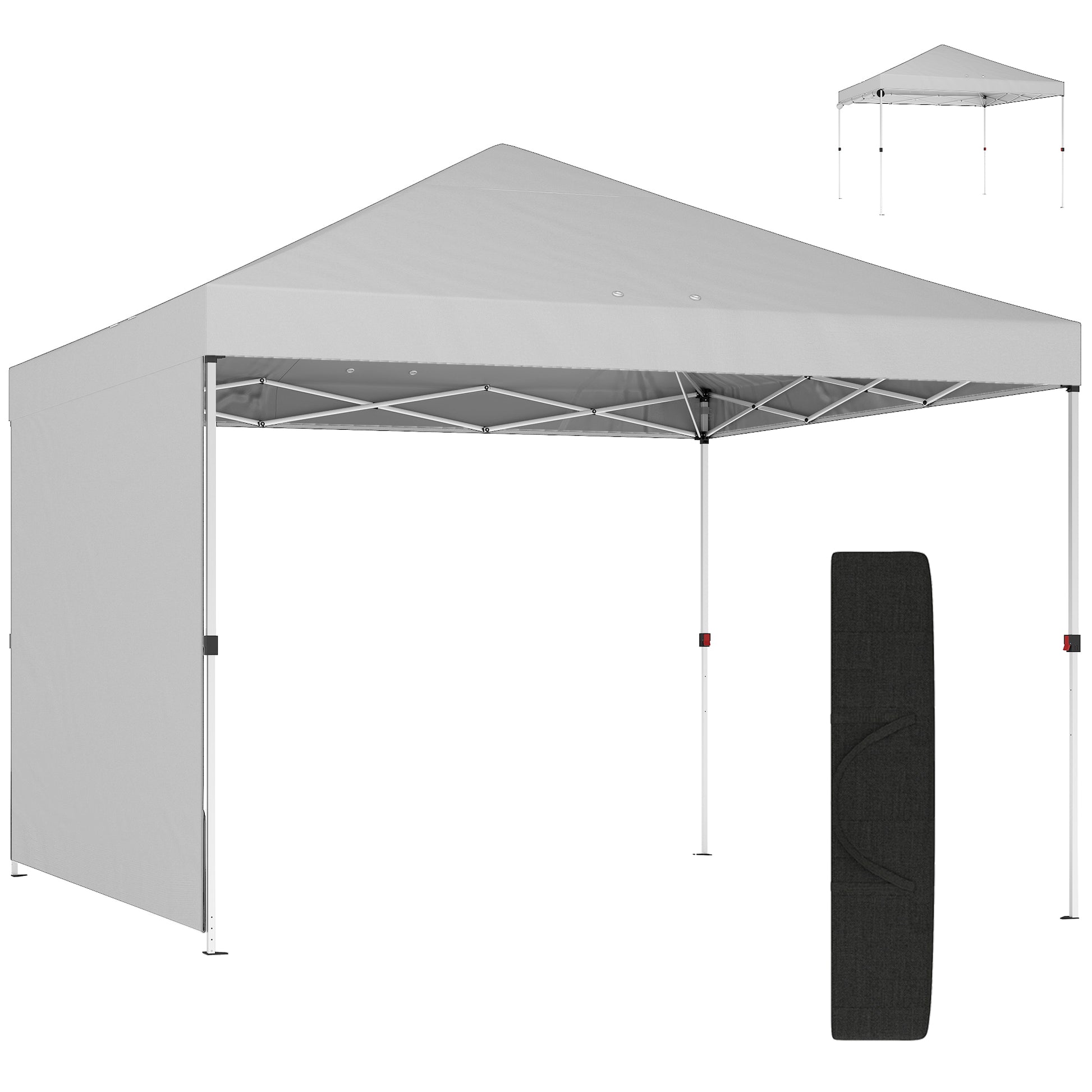 Outsunny Carpa Plegable 3x3 m, Pop-up, con Pared Lateral, Cenador de Jardín con Protección UPF50+, Empuje Central, Altura Ajustable, Bolsa de Transporte, Gazebo para Camping, Exterior, Blanco