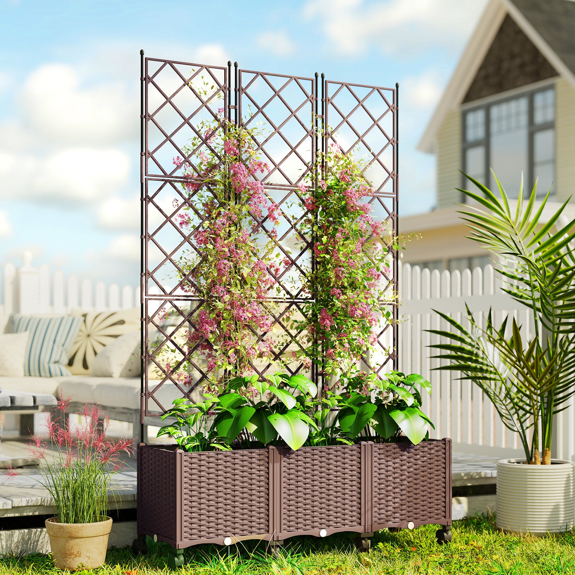 Outsunny Jardinera con Enrejado, Jardinera Exterior Grande con Ruedas para Plantas Trepadoras, con Ofricios de Drenaje y Tapones, Macetero Elevado para Jardín, Patio, Terraza, 120x40x192 cm, Marrón