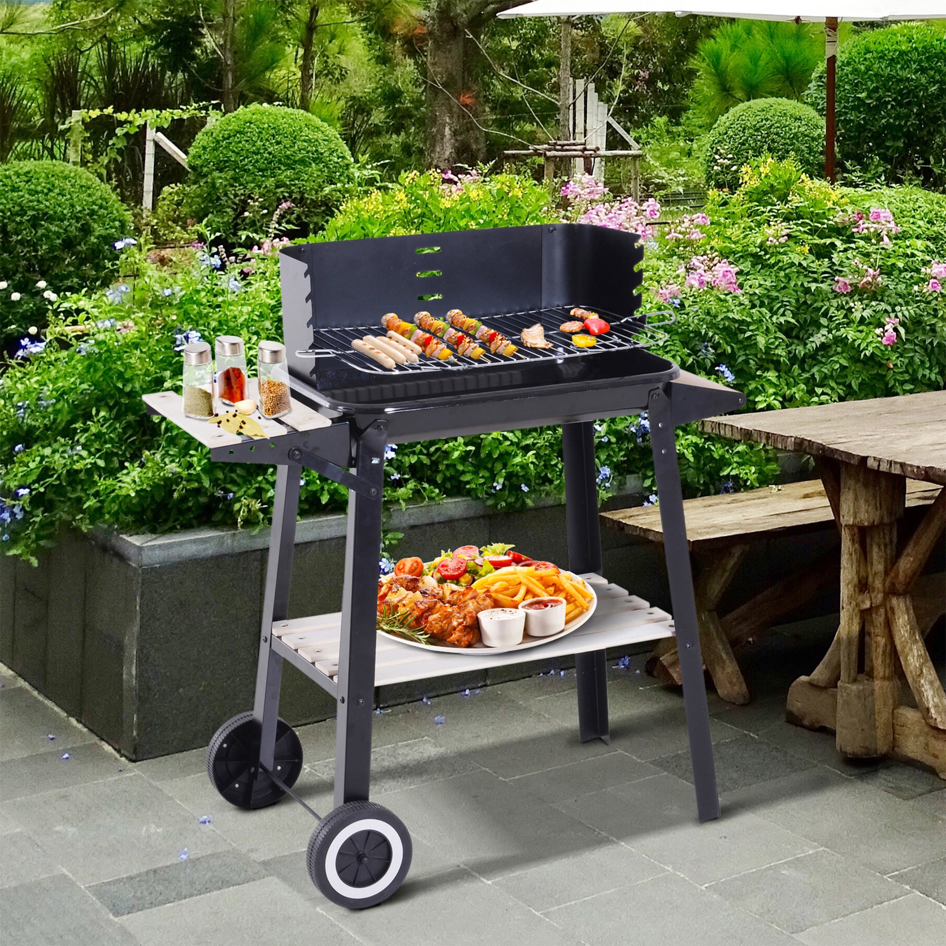 Outsunny Barbacoa de Carbón Vegetal Parrillas Asador BBQ de Picnic Altura de Parrillas Ajustables con Estantes y Ruedas Facil Mover para Jardín Exterior Acampada 83x37x87 cm