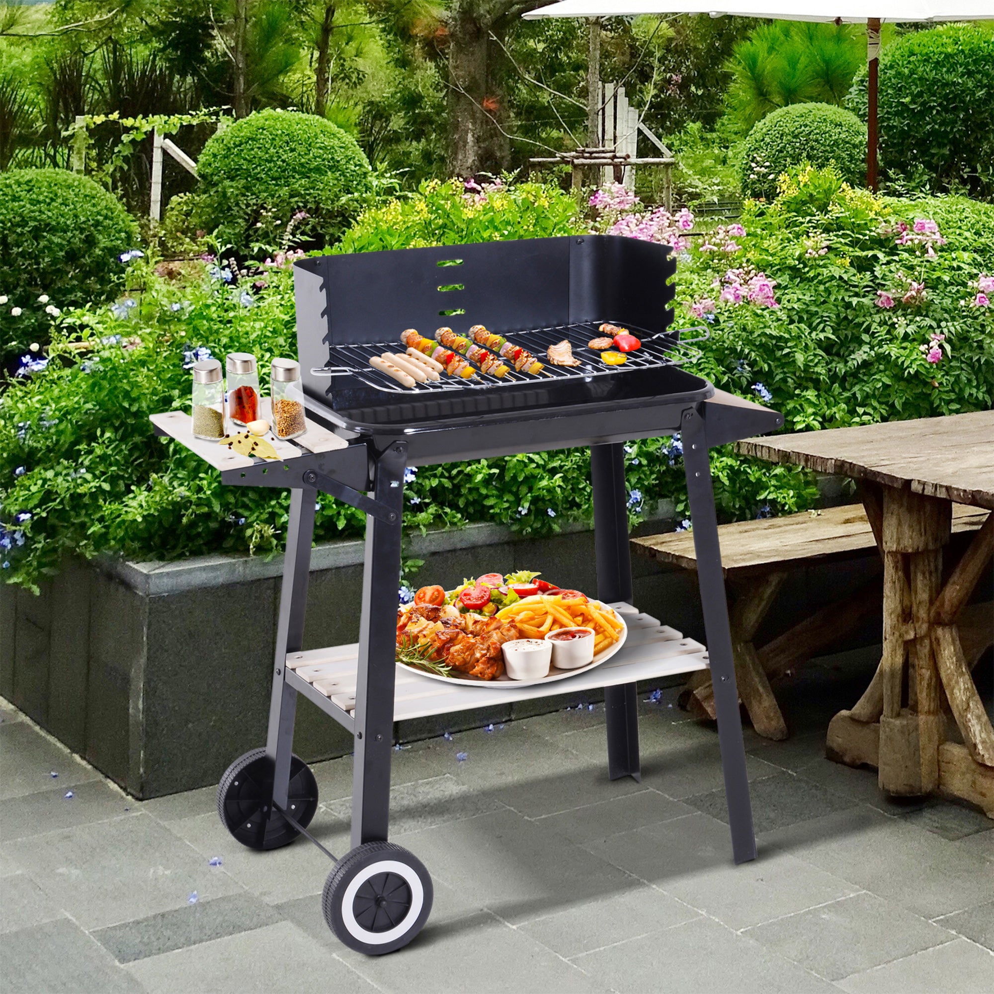Outsunny Barbacoa de Carbón Vegetal Parrillas Asador BBQ de Picnic Altura de Parrillas Ajustables con Estantes y Ruedas Facil Mover para Jardín Exterior Acampada 83x37x87 cm