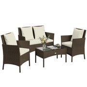 Outsunny Conjunto de Jardín Exterior de Ratán, Conjunto de Terraza con Cojines Lavables, Muebles Jardín Exterior 4 Piezas Incluye Sofá de 2 Plazas, 2 Sillas, Mesa de Centro de Vidrio Templado, Marrón