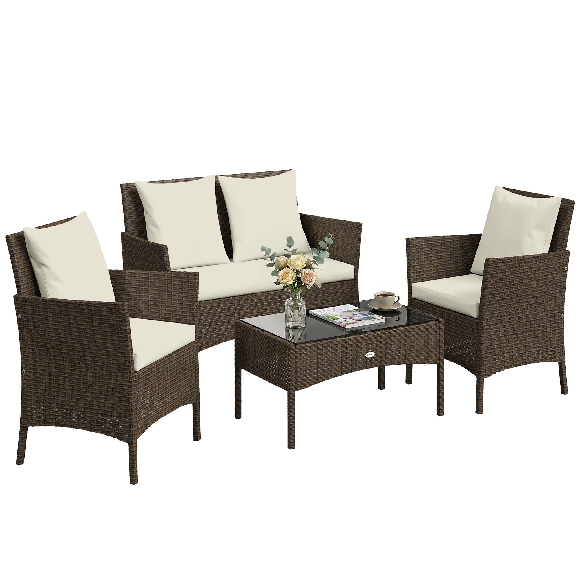Outsunny Conjunto de Jardín Exterior de Ratán, Conjunto de Terraza con Cojines Lavables, Muebles Jardín Exterior 4 Piezas Incluye Sofá de 2 Plazas, 2 Sillas, Mesa de Centro de Vidrio Templado, Marrón