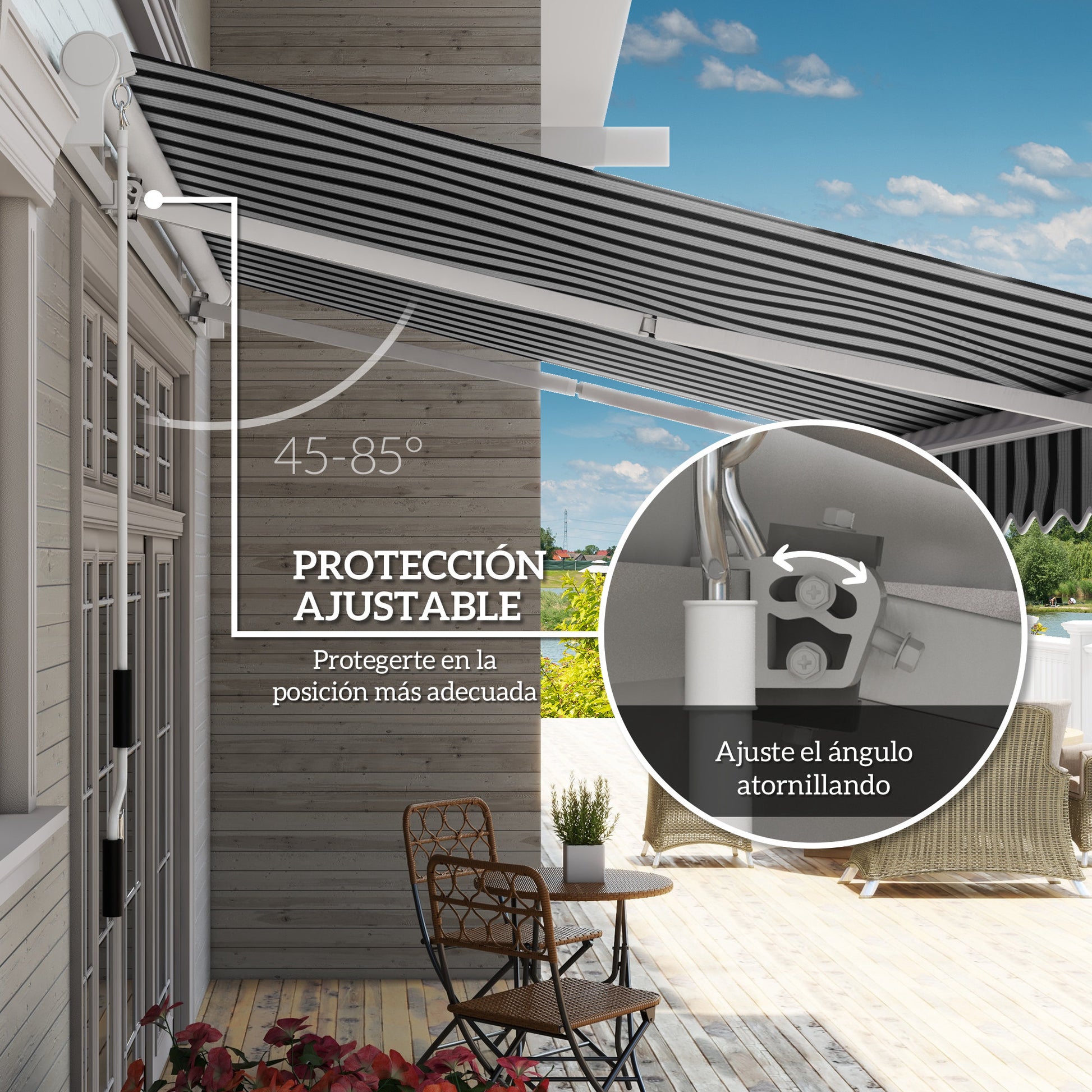 Outsunny Toldo Manual Retráctil 395x245 cm, Toldo Exterior Terraza con Ángulo Ajustable, Brazo Articulado, Montaje a Pared, Estructura de Aluminio, Anti-UV e Impermeable, para Jardín, Azul y Blanco