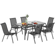 Outsunny Conjunto de Mesa y Sillas Jardín de 7 Piezas, Muebles de Jardín Exterior con Mesa y 6 Sillas para Terraza con Orificio para Sombrilla y Encimera de Cristal, para Terraza Patio, Gris Oscuro