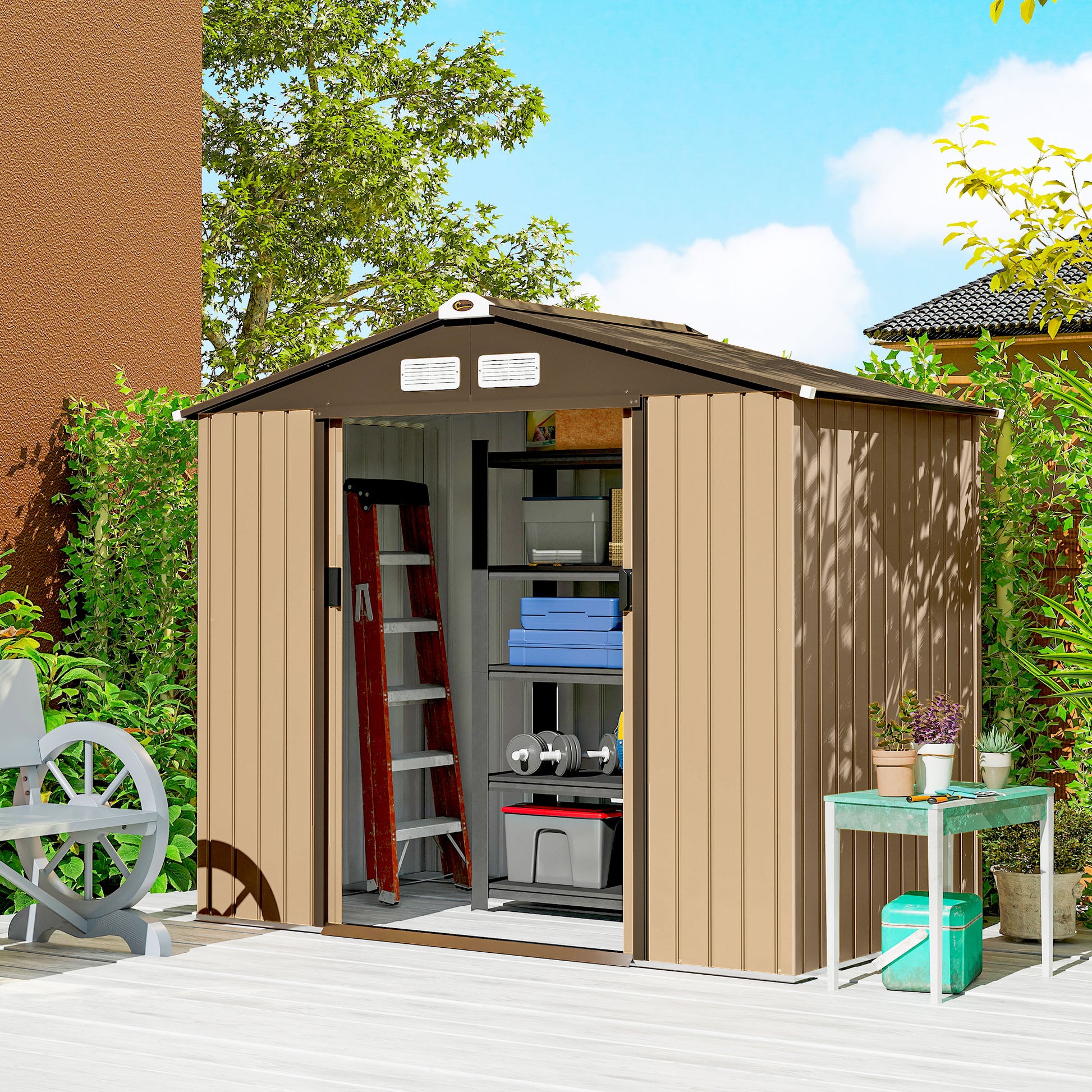 Outsunny Caseta de Jardín Exterior 2,42 m², 213x130x185 cm, Cobertizo de Jardín Exterior Metálico con Puertas Correderas, Ventilación y Kit de Fundación, para Almacenamiento de Herramientas, Amarillo